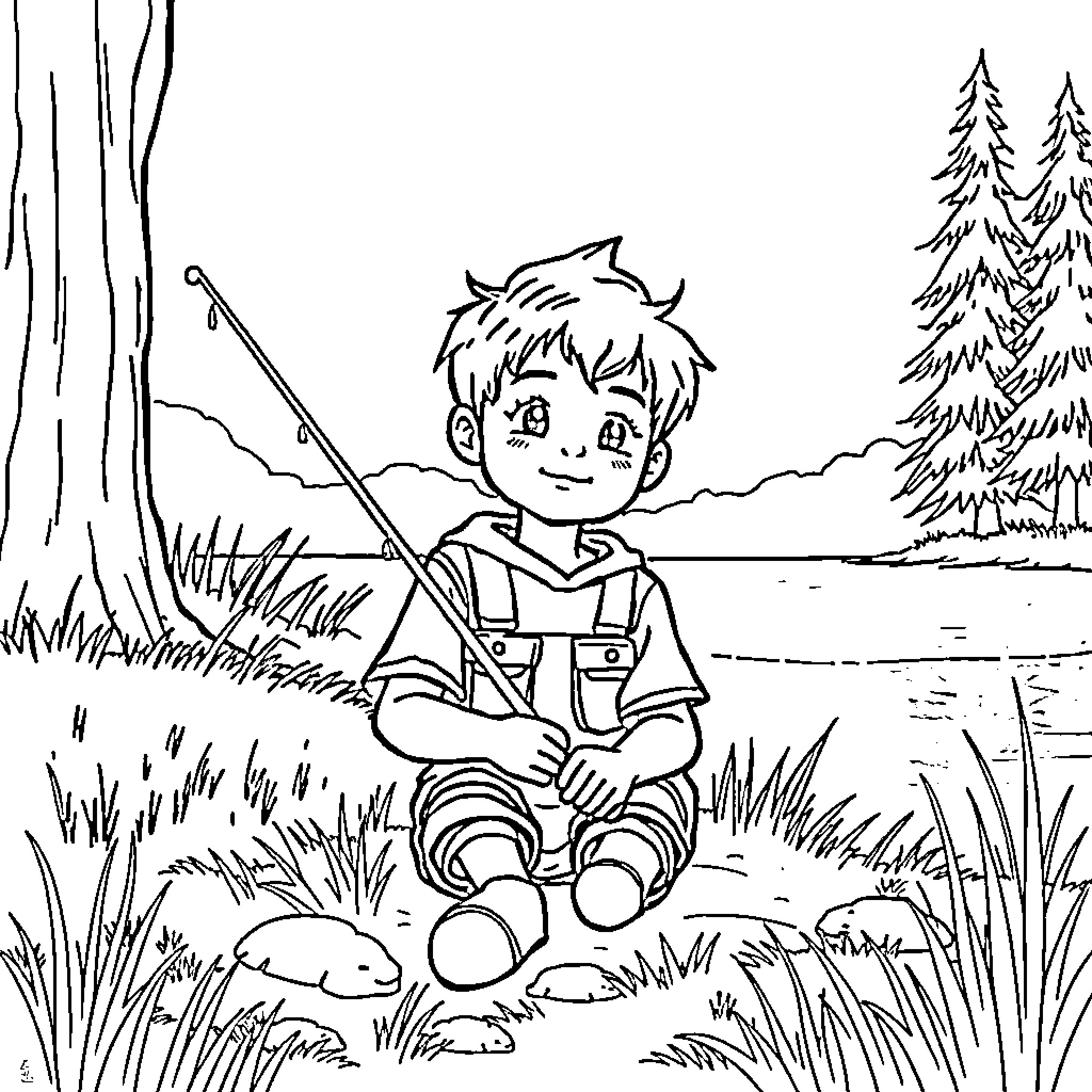 Boy fishing in peaceful nature scene Coloring Page (free black-and-white line drawing printable PDF for all, from beginners to advanced learners, including children, teens, adults, and seniors)