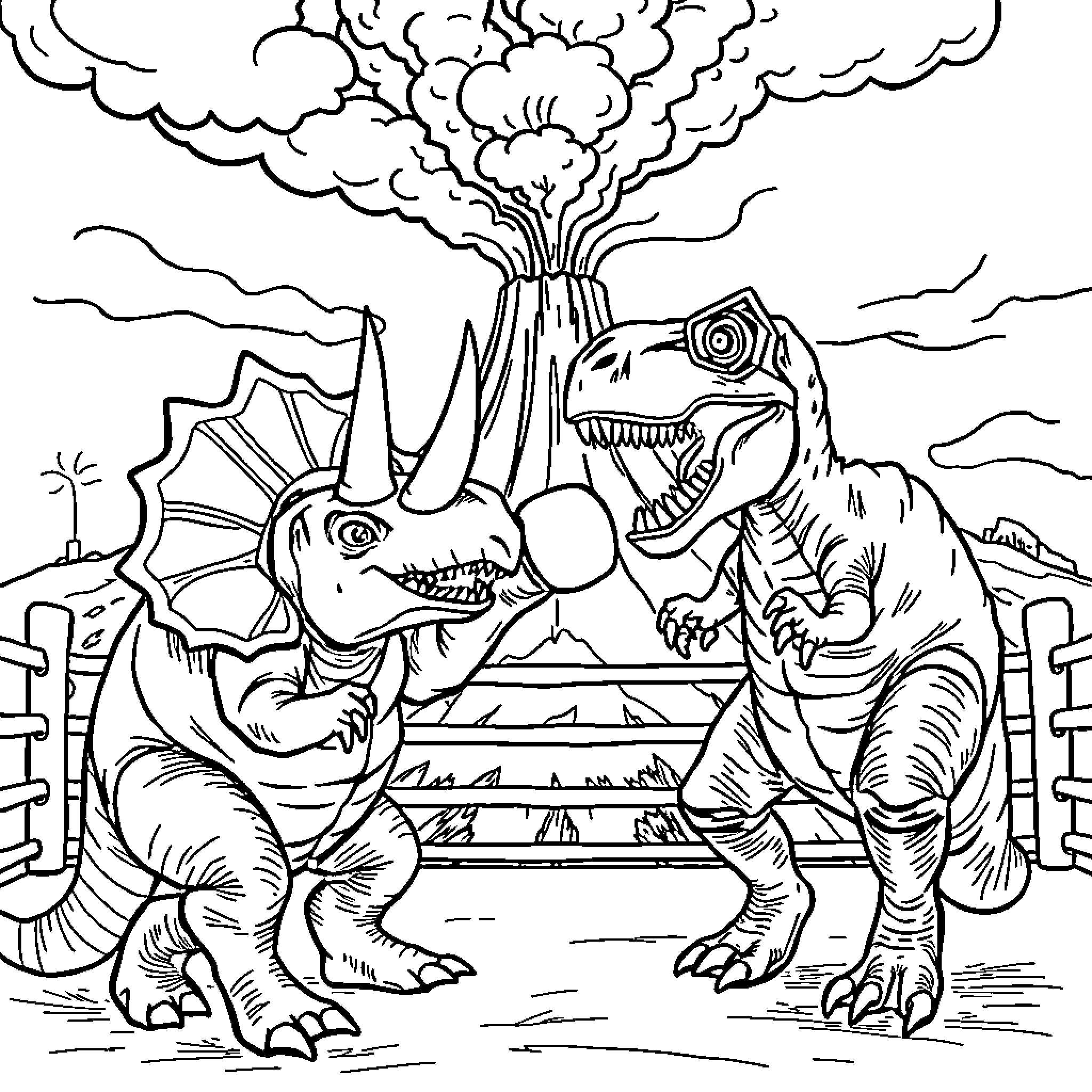 Triceratops and Tyrannosaurus Rex Confrontation Coloring Page (free black-and-white line drawing printable PDF for all, from beginners to advanced learners, including children, teens, adults, and seniors)