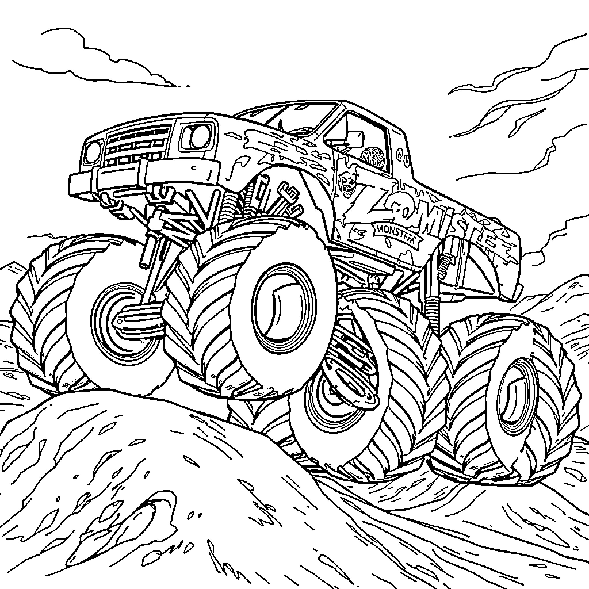 Zombie Truck Crushing Through the Terrain Coloring Page (free black-and-white line drawing printable PDF for all, from beginners to advanced learners, including children, teens, adults, and seniors)
