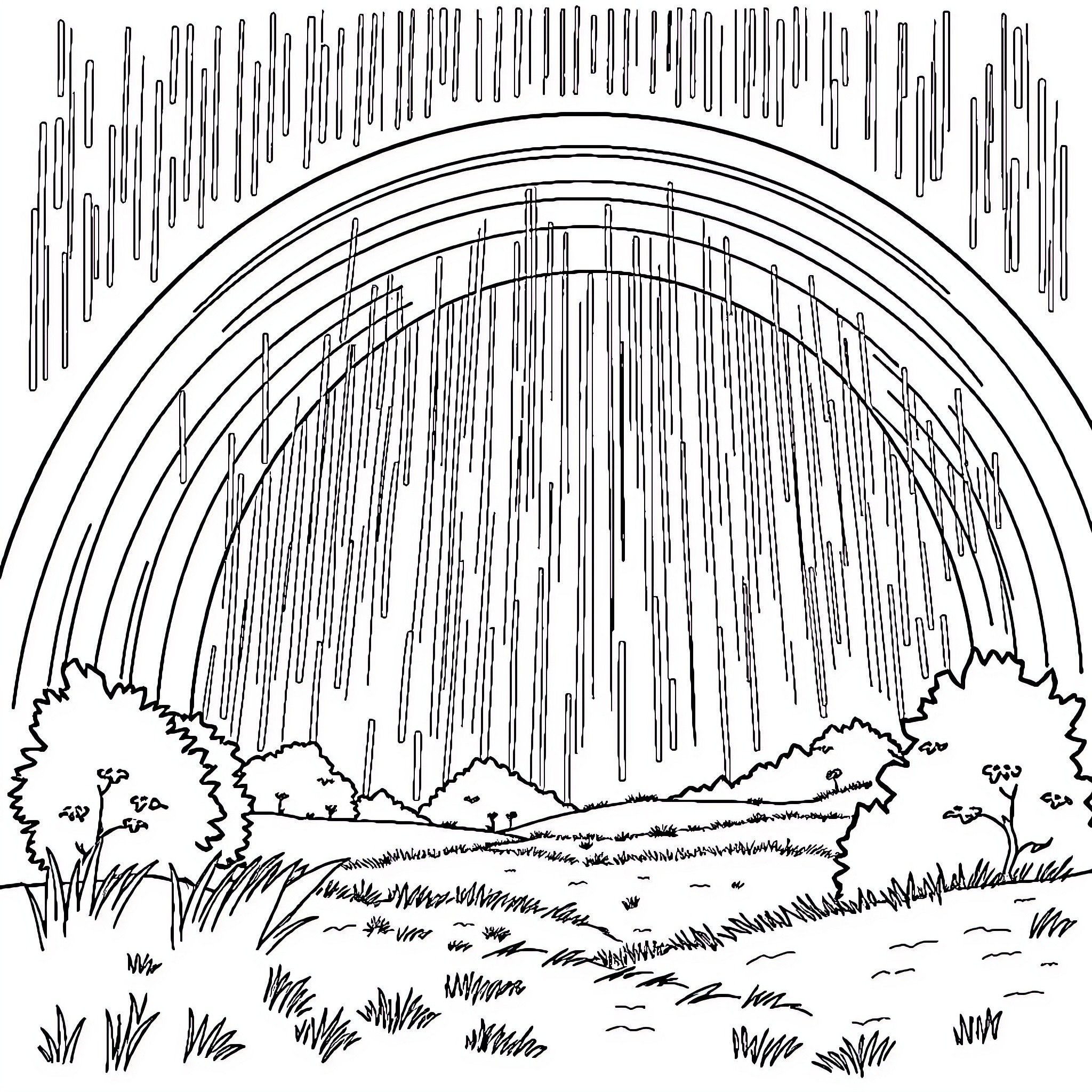 Rainbow-themed Landscape with Flowing Patterns Coloring Page (free black-and-white line drawing printable PDF for all, from beginners to advanced learners, including children, teens, adults, and seniors)