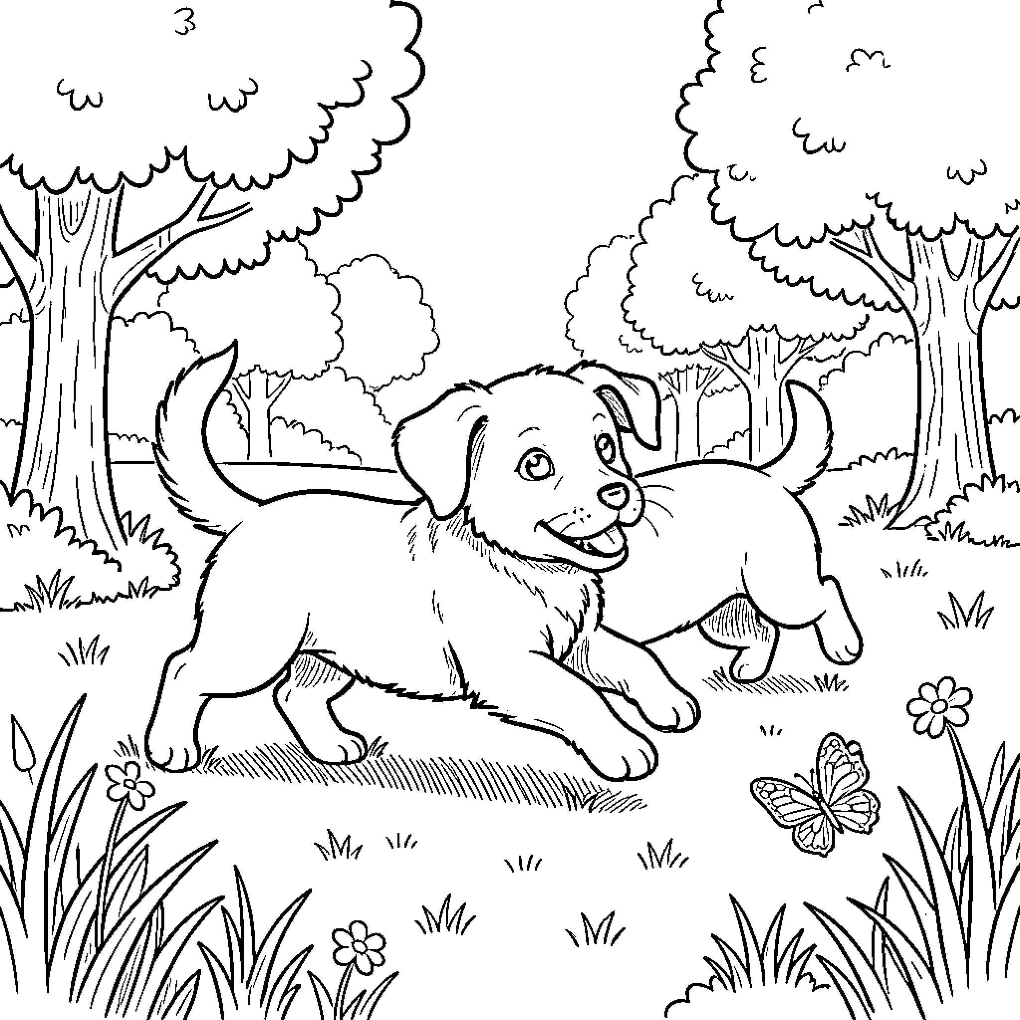Puppy running joyfully through a grassy meadow Coloring Page (free black-and-white line drawing printable PDF for all, from beginners to advanced learners, including children, teens, adults, and seniors)