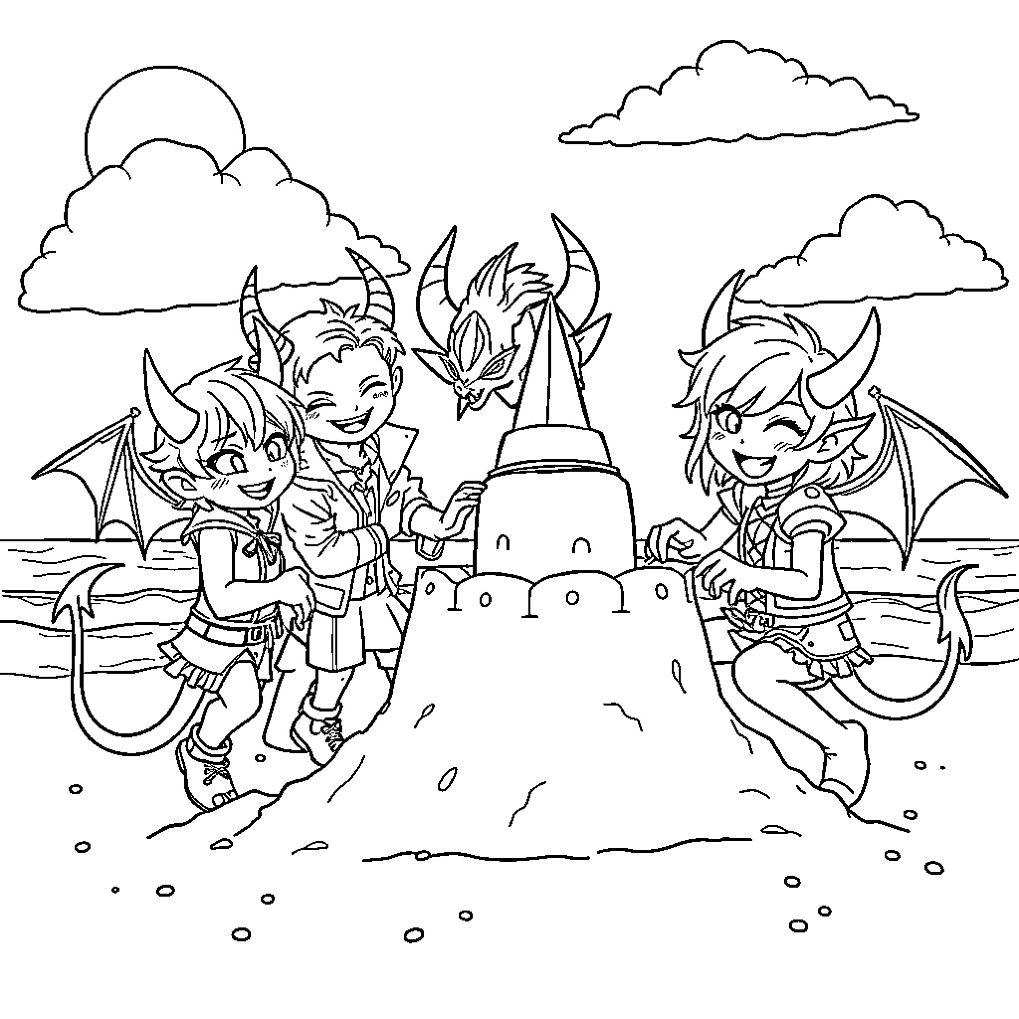 Demon Imps Building a Sandcastle on the Beach Coloring Page (free black-and-white line drawing printable PDF for all, from beginners to advanced learners, including children, teens, adults, and seniors)