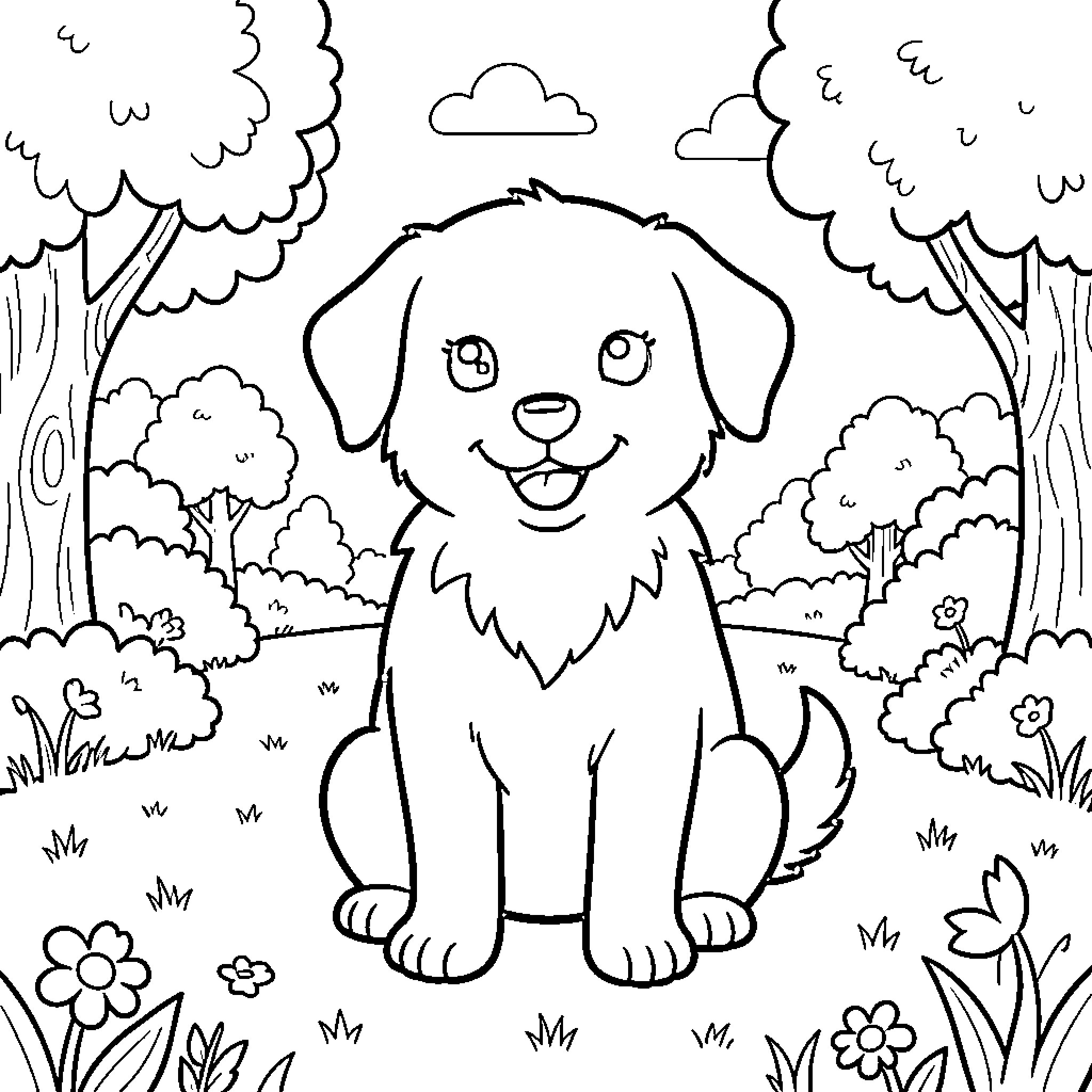 Dog sitting happily in a flowery meadow Coloring Page (free black-and-white line drawing printable PDF for all, from beginners to advanced learners, including children, teens, adults, and seniors)