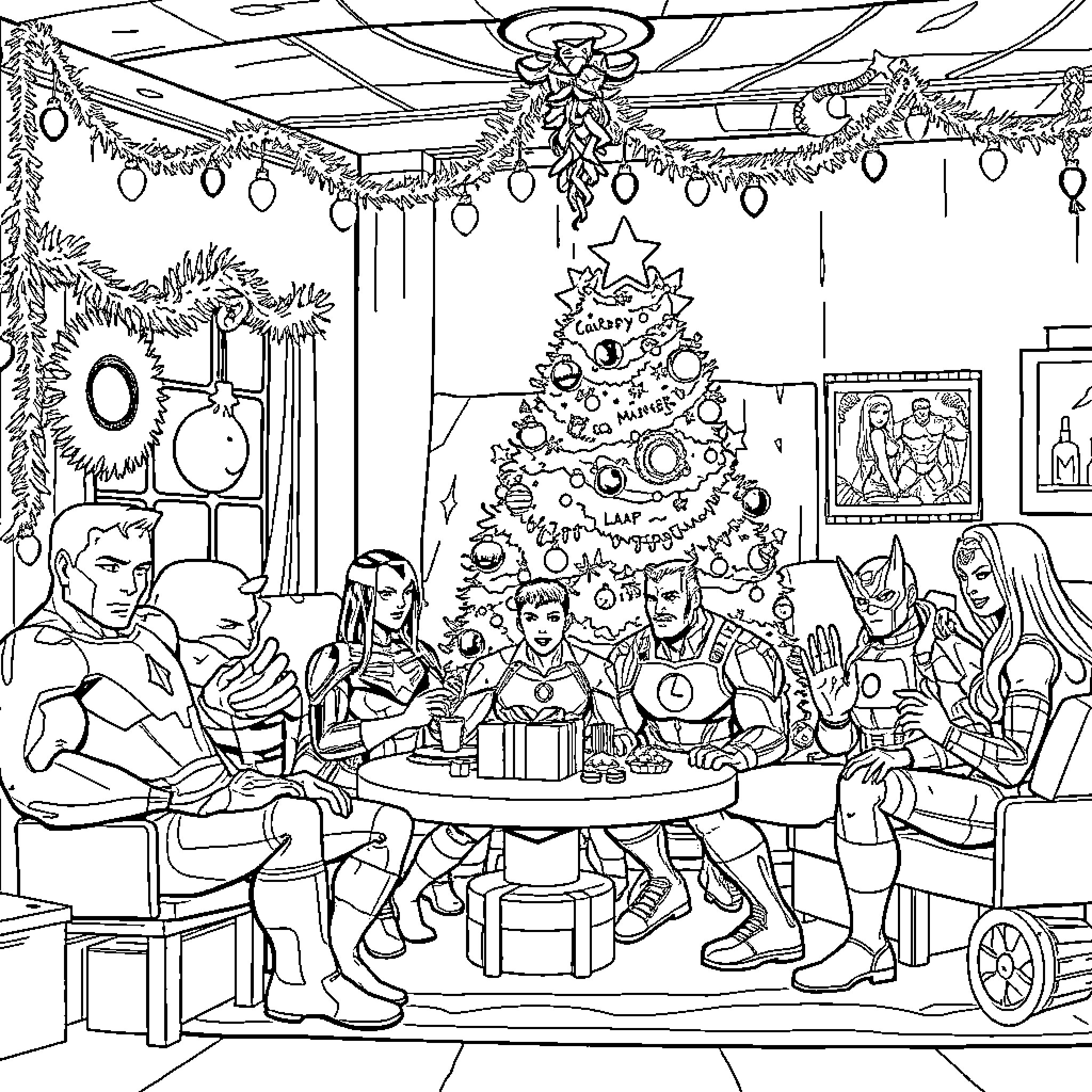 Avenger Crew Celebrating the Holidays Together Coloring Page (free black-and-white line drawing printable PDF for all, from beginners to advanced learners, including children, teens, adults, and seniors)