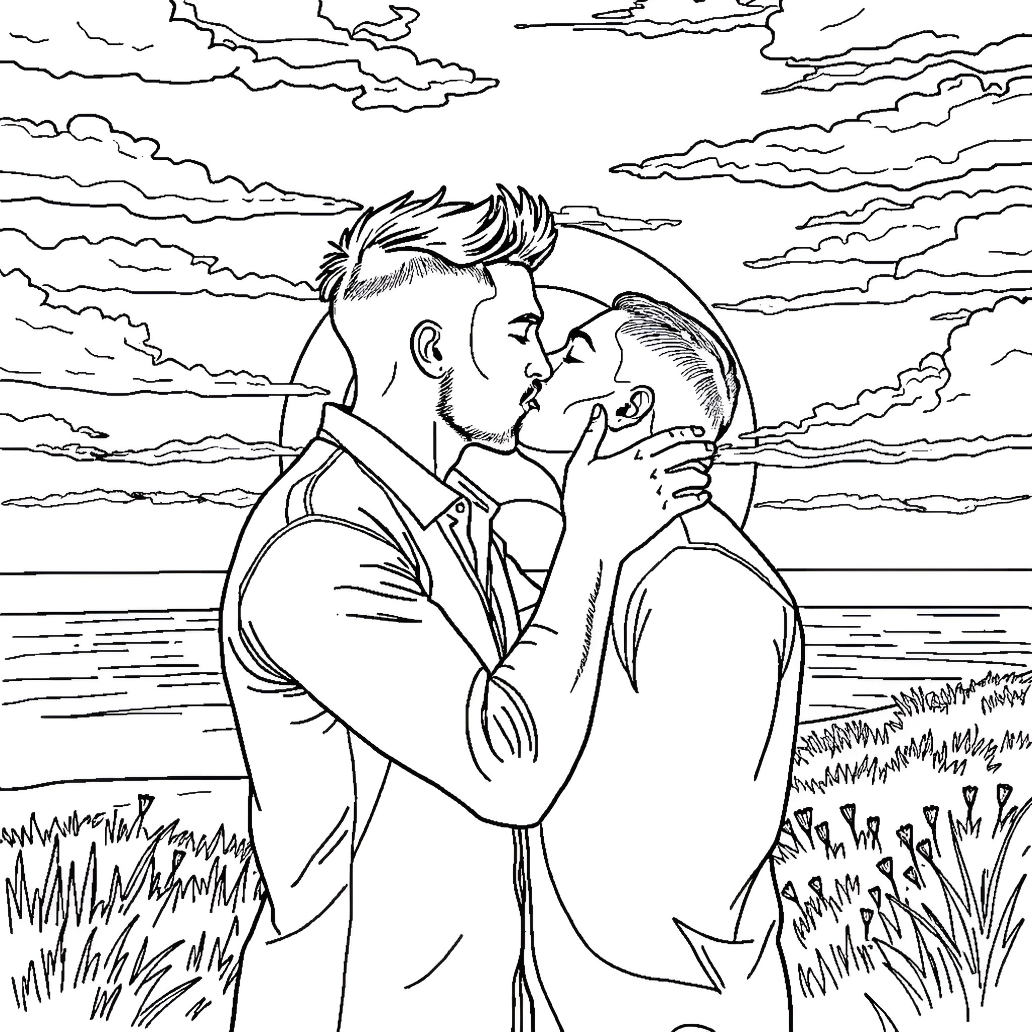 Man embracing lover on romantic beach scene Coloring Page (free black-and-white line drawing printable PDF for all, from beginners to advanced learners, including children, teens, adults, and seniors)