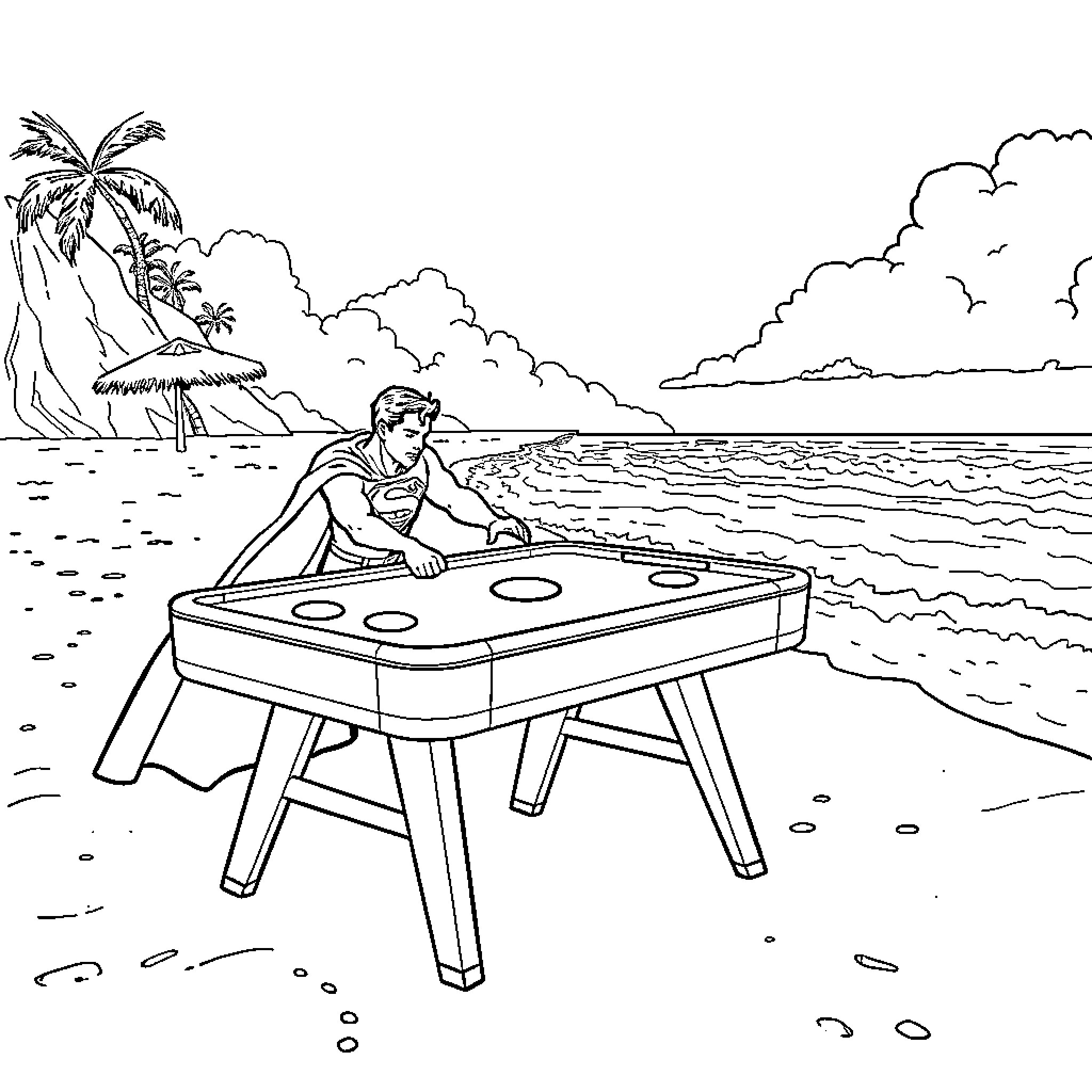 Superman playing on the beach with a vintage keyboard Coloring Page (free black-and-white line drawing printable PDF for all, from beginners to advanced learners, including children, teens, adults, and seniors)