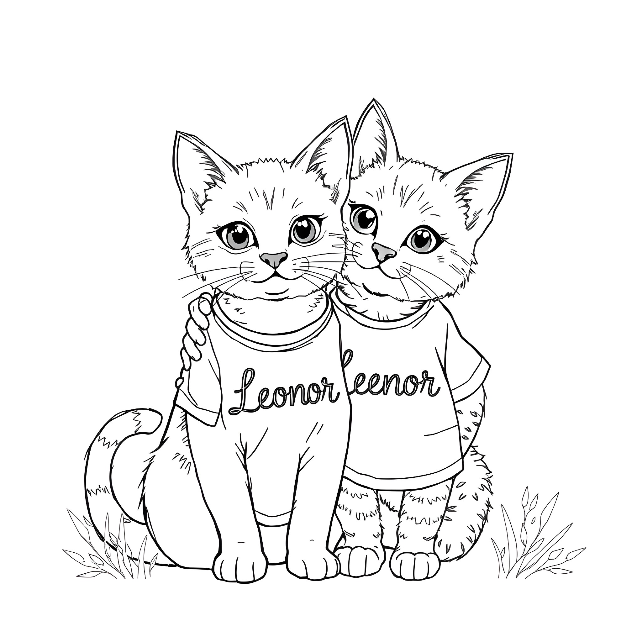 Cute Kittens Wearing Matching Shirts Coloring Page (free black-and-white line drawing printable PDF for all, from beginners to advanced learners, including children, teens, adults, and seniors)