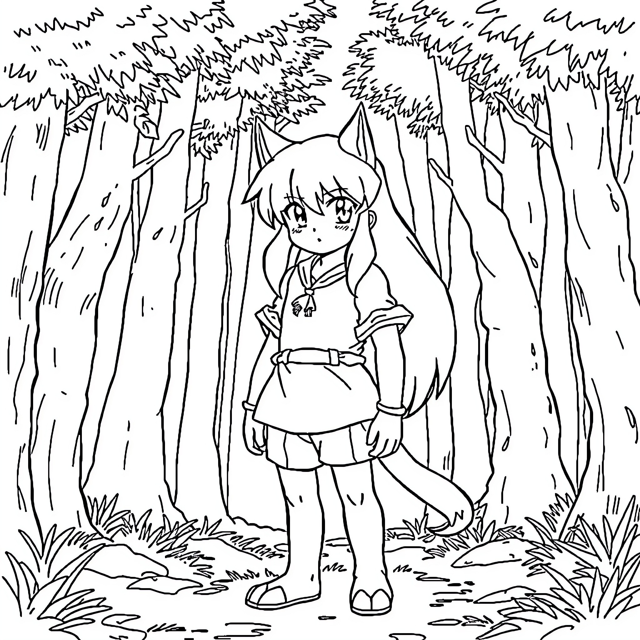 Inuyasha in the Enchanted Forest Coloring Page (free black-and-white line drawing printable PDF for all, from beginners to advanced learners, including children, teens, adults, and seniors)