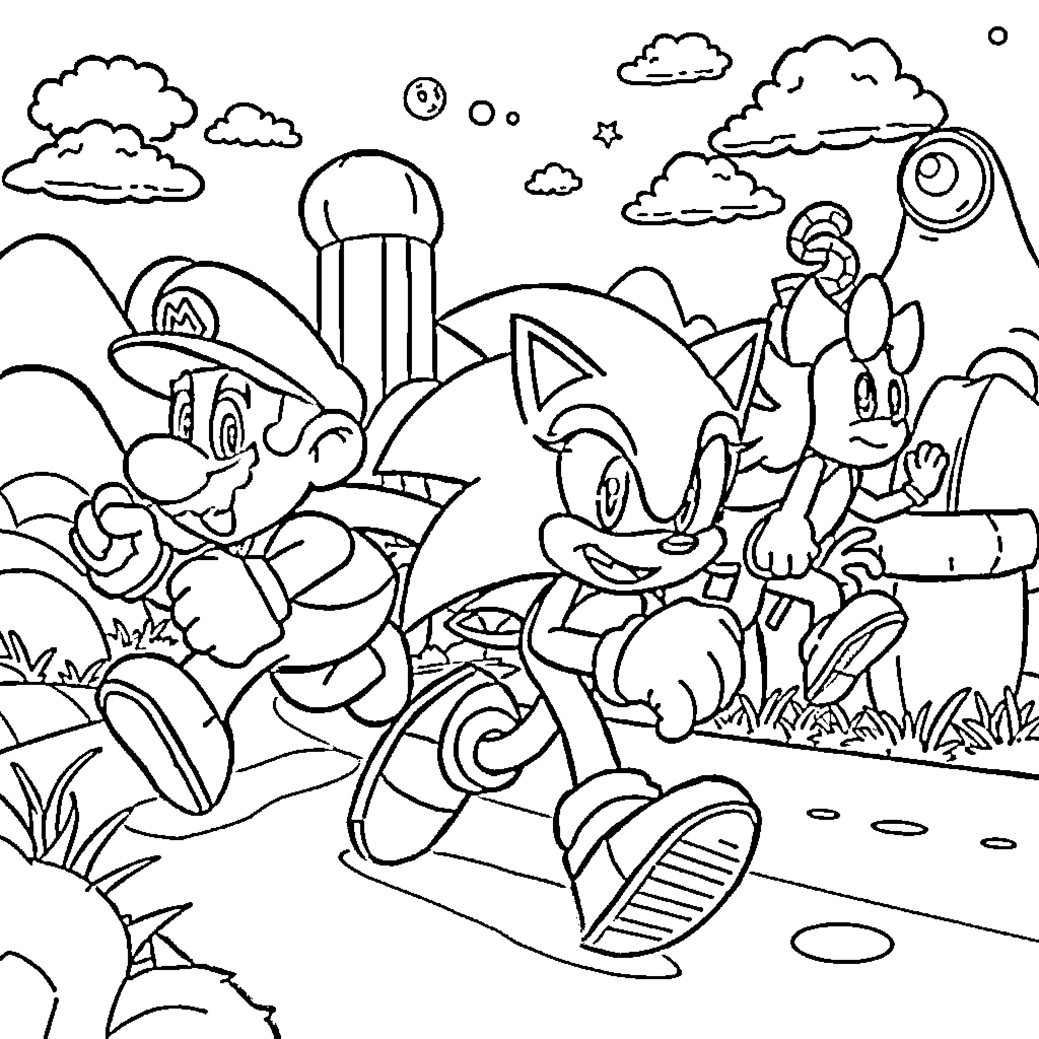 Sonic and friends in a whimsical outdoor adventure Coloring Page (free black-and-white line drawing printable PDF for all, from beginners to advanced learners, including children, teens, adults, and seniors)