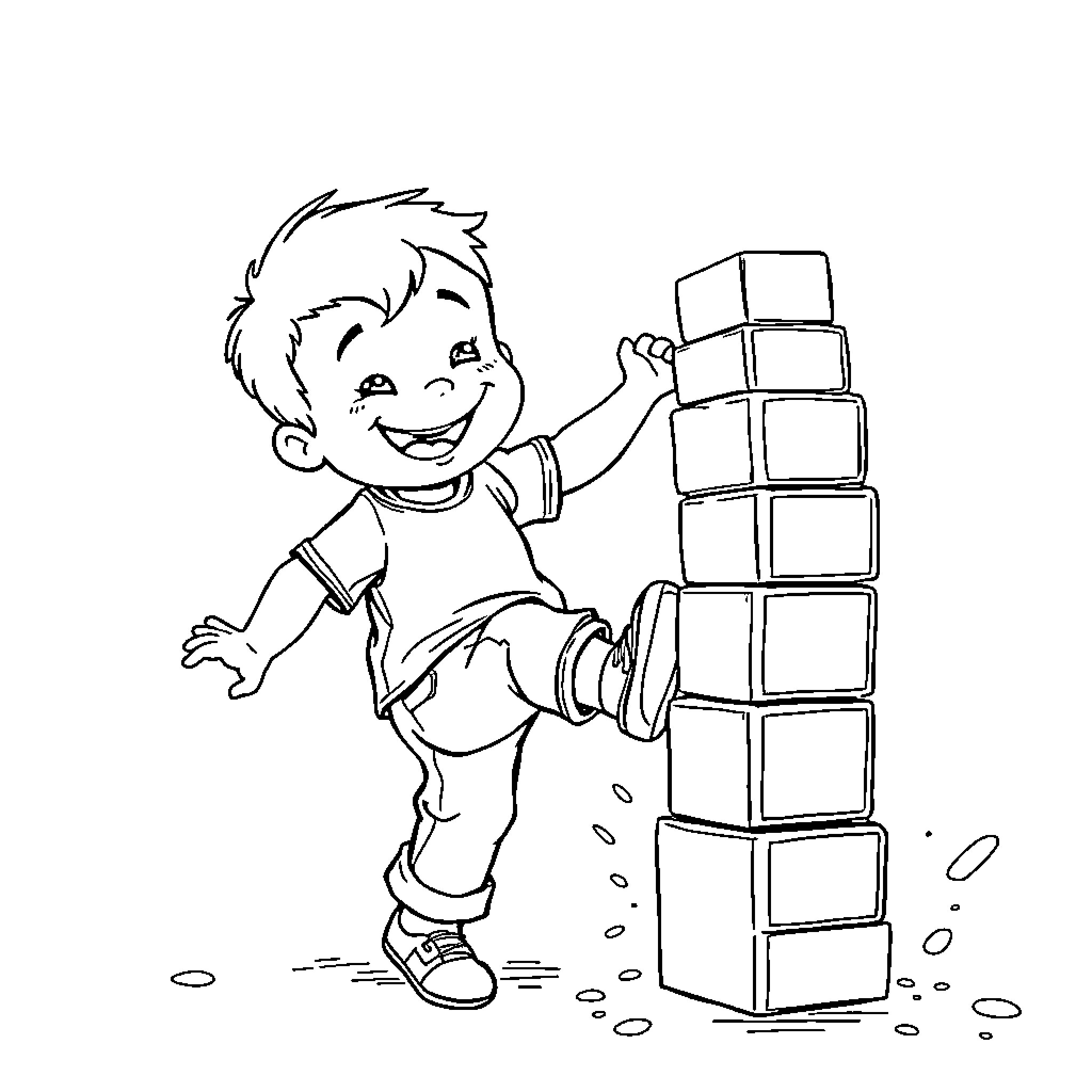 Toddler happily building a tower of blocks Coloring Page (free black-and-white line drawing printable PDF for all, from beginners to advanced learners, including children, teens, adults, and seniors)