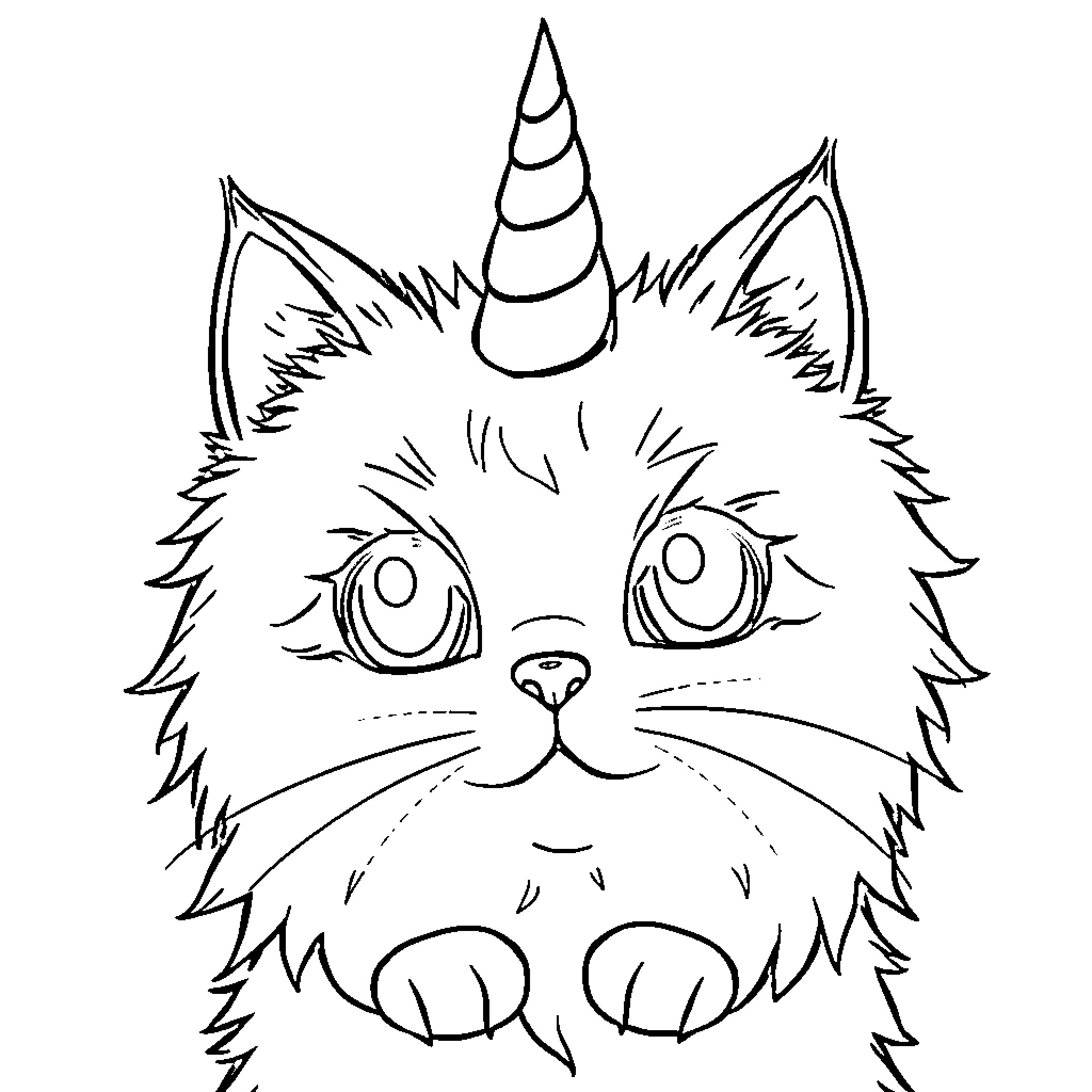 Cat Unicorn in Silly Costume Coloring Page (free black-and-white line drawing printable PDF for all, from beginners to advanced learners, including children, teens, adults, and seniors)