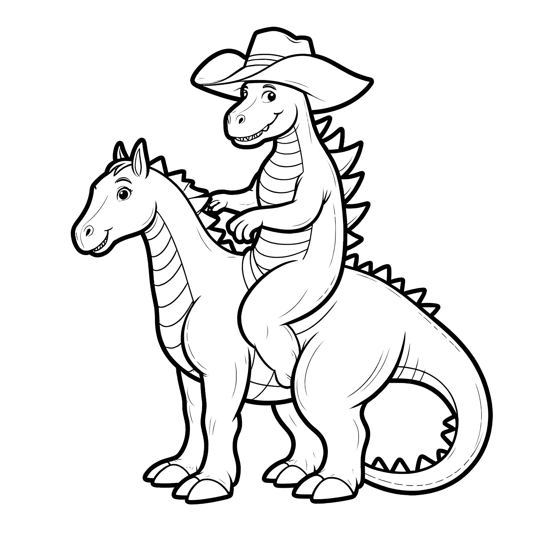 Godzilla and his dinosaur friend go on an adventure Coloring Page (free black-and-white line drawing printable PDF for all, from beginners to advanced learners, including children, teens, adults, and seniors)