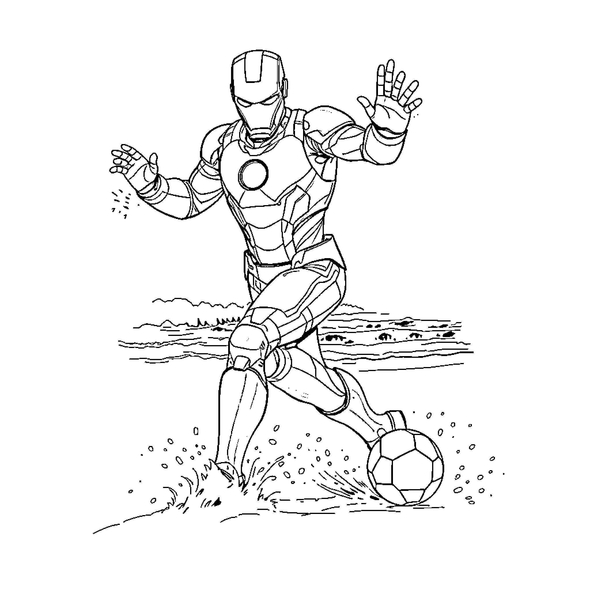 Iron Man Heroically Saving the Day Coloring Page (free black-and-white line drawing printable PDF for all, from beginners to advanced learners, including children, teens, adults, and seniors)
