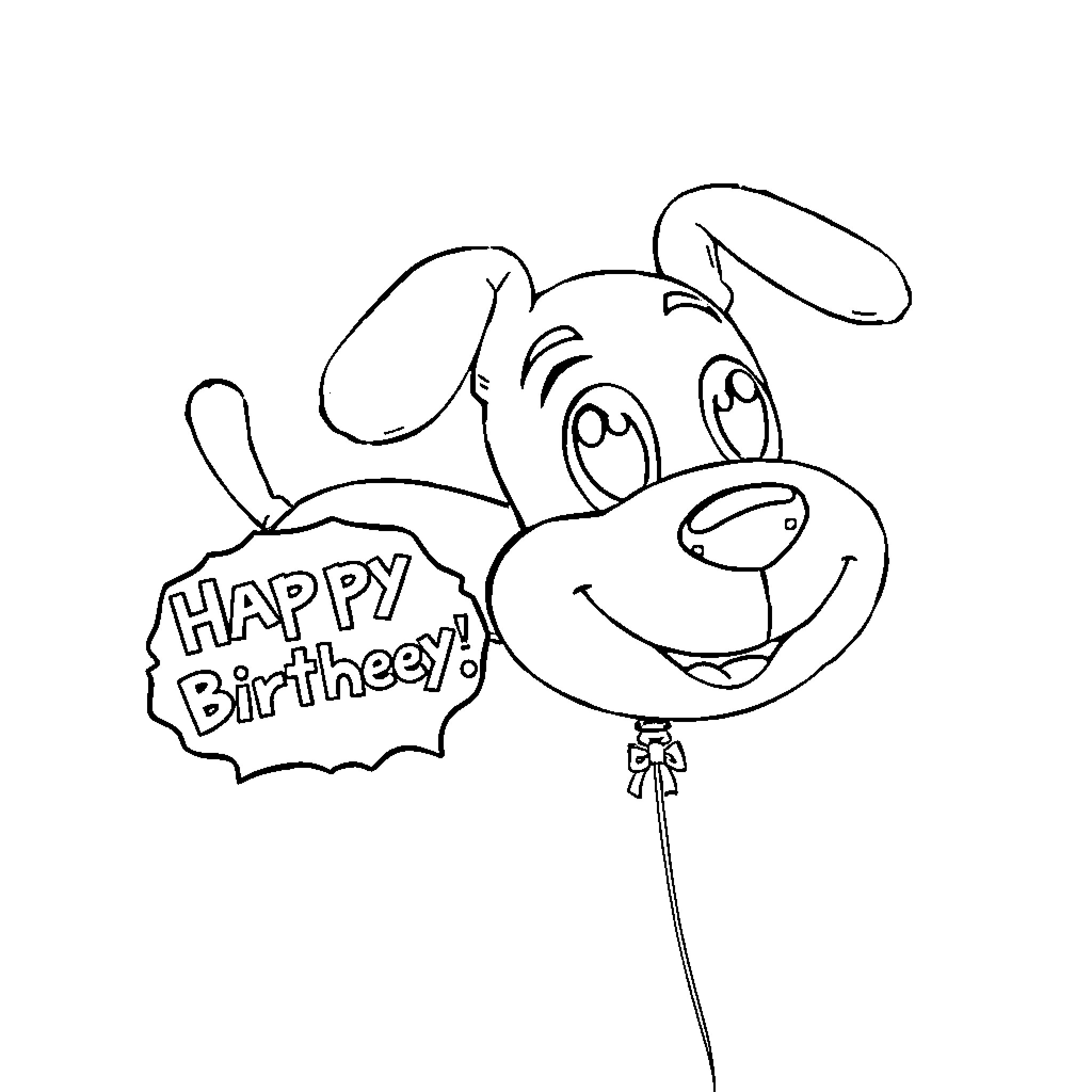 Balloon with Smiling Dog Celebrating Birthday Coloring Page (free black-and-white line drawing printable PDF for all, from beginners to advanced learners, including children, teens, adults, and seniors)
