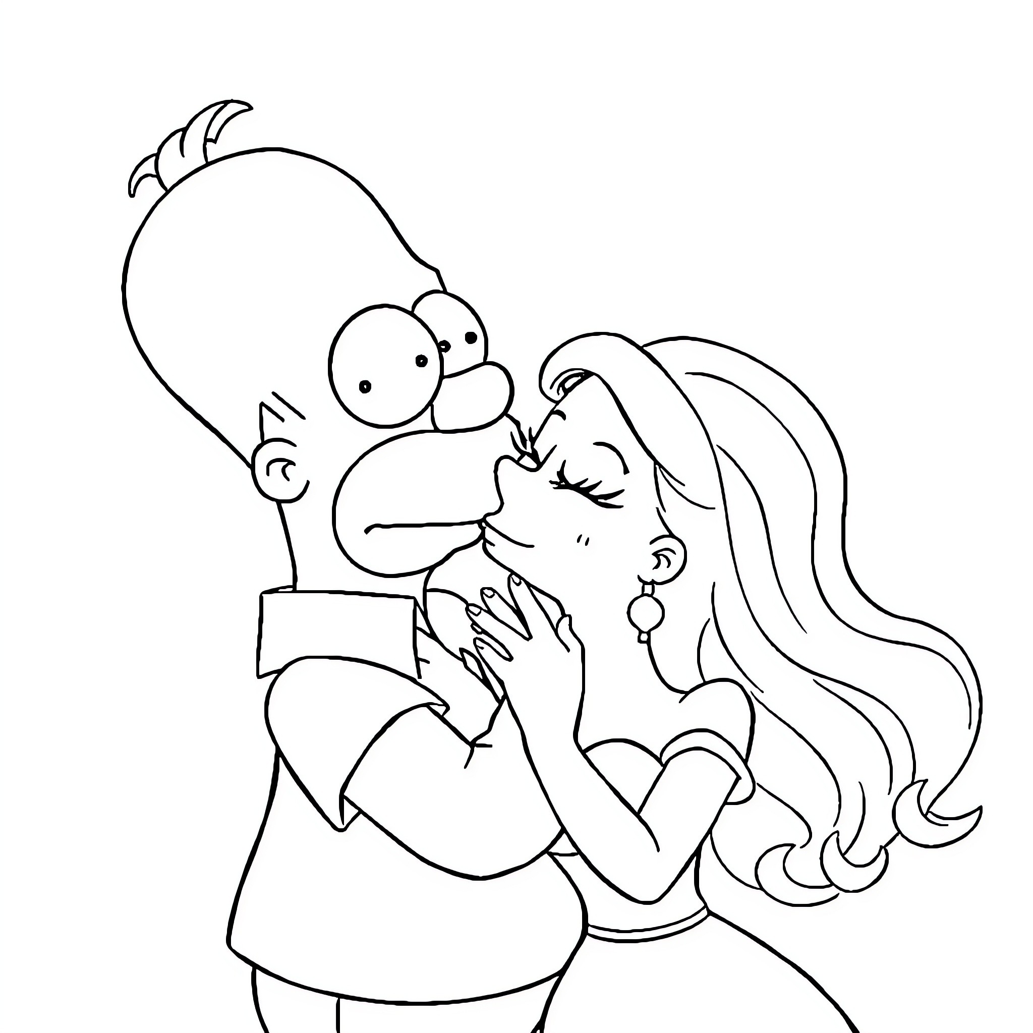 Homer Simpson snuggling with wife Marge Coloring Page (free black-and-white line drawing printable PDF for all, from beginners to advanced learners, including children, teens, adults, and seniors)