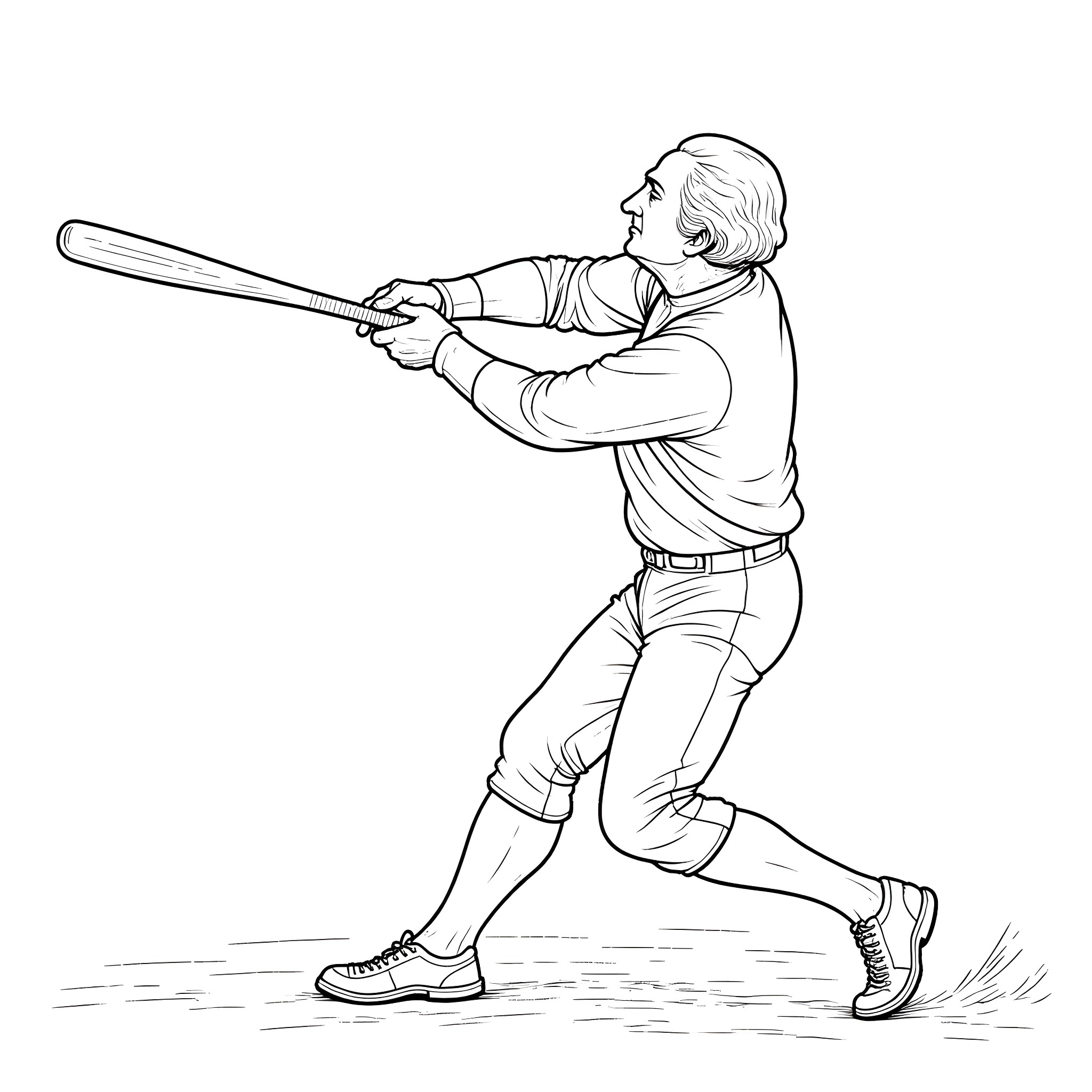 George Washington Playing Baseball Coloring Page (free black-and-white line drawing printable PDF for all, from beginners to advanced learners, including children, teens, adults, and seniors)