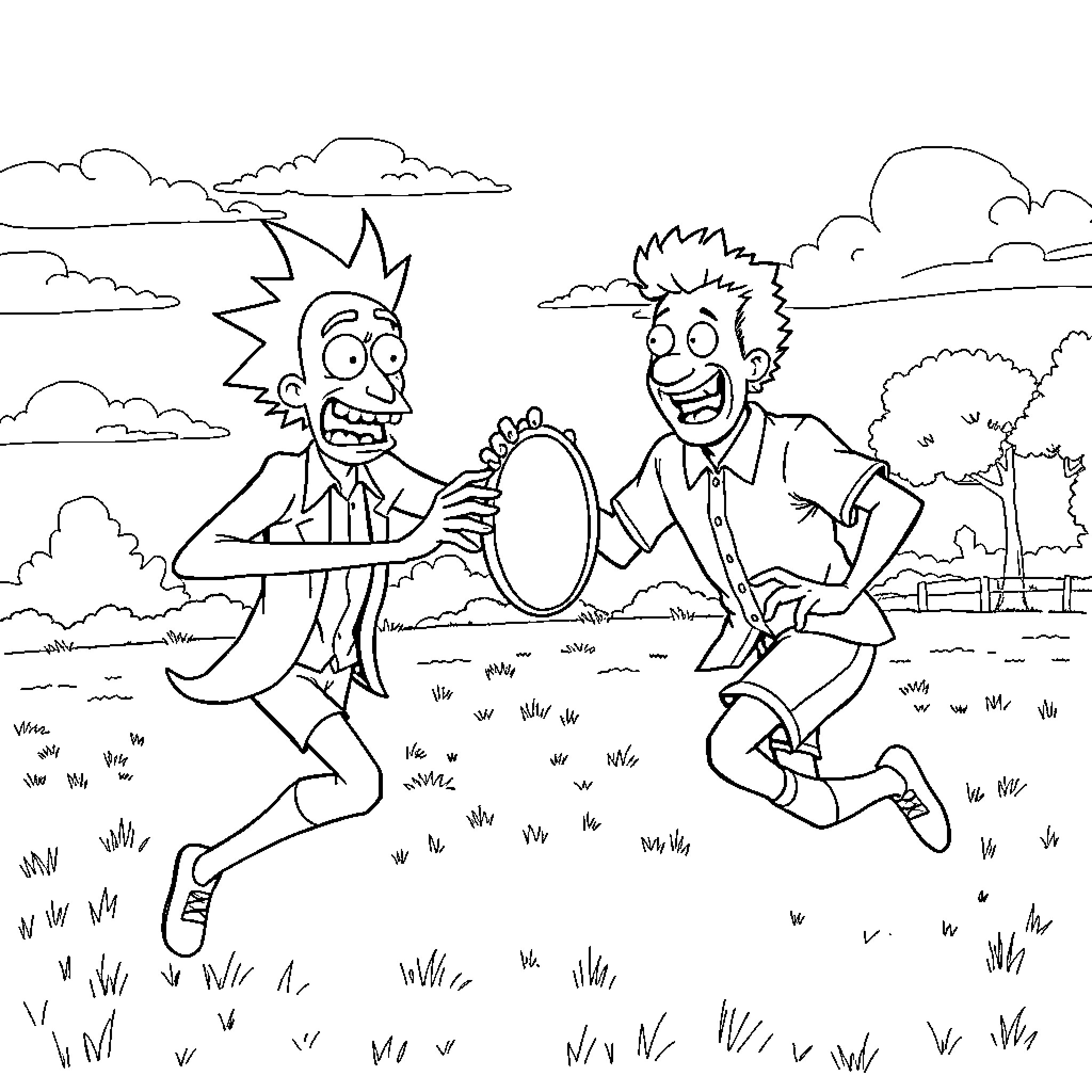 Rick Sanchez and Morty playing joyfully in nature Coloring Page (free black-and-white line drawing printable PDF for all, from beginners to advanced learners, including children, teens, adults, and seniors)