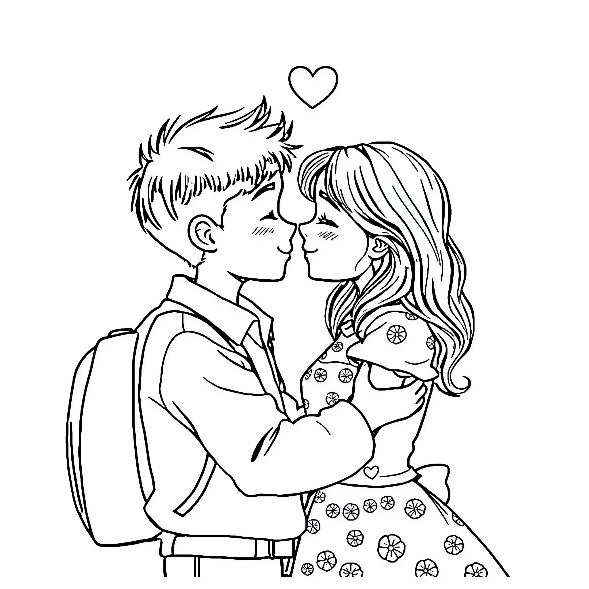 Love's Sweet Embrace: A Tender Moment Coloring Page (free black-and-white line drawing printable PDF for all, from beginners to advanced learners, including children, teens, adults, and seniors)