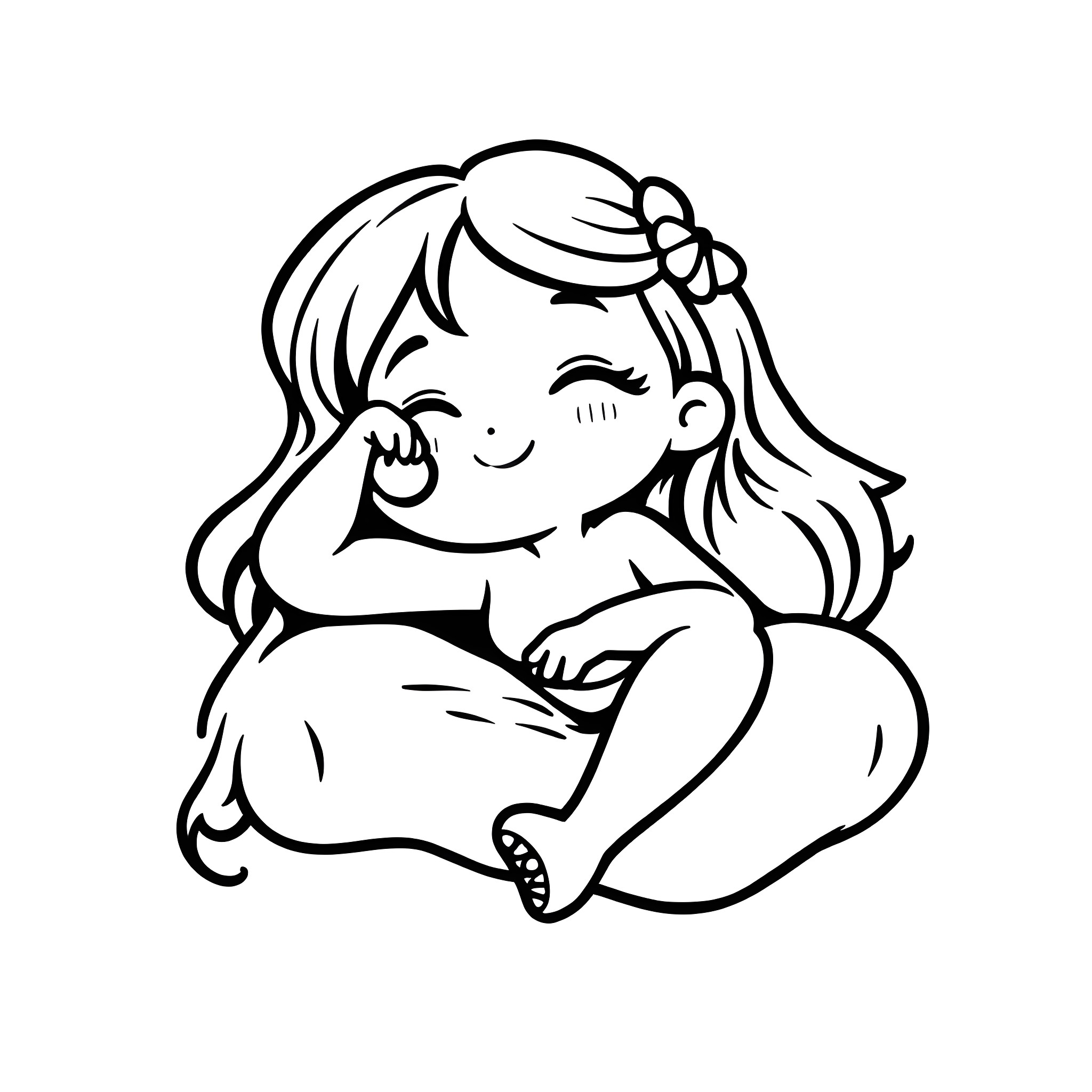 Lazygirl resting comfortably on the floor Coloring Page (free black-and-white line drawing printable PDF for all, from beginners to advanced learners, including children, teens, adults, and seniors)