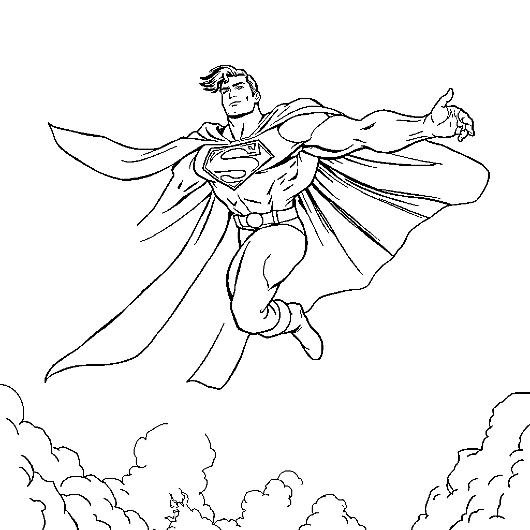 Superman soaring heroically through the sky Coloring Page (free black-and-white line drawing printable PDF for all, from beginners to advanced learners, including children, teens, adults, and seniors)