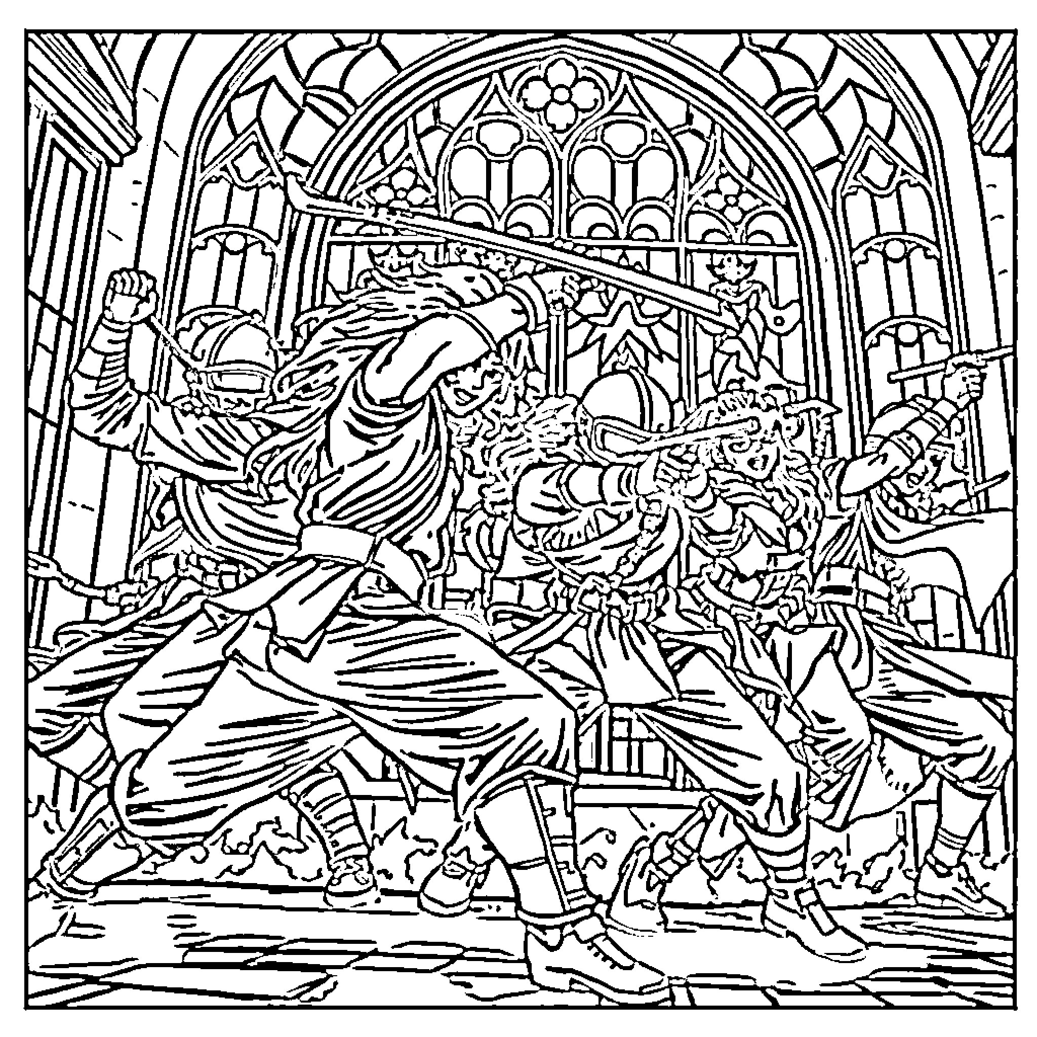 K Pop Warrior in Mythical Battle Scene Coloring Page (free black-and-white line drawing printable PDF for all, from beginners to advanced learners, including children, teens, adults, and seniors)