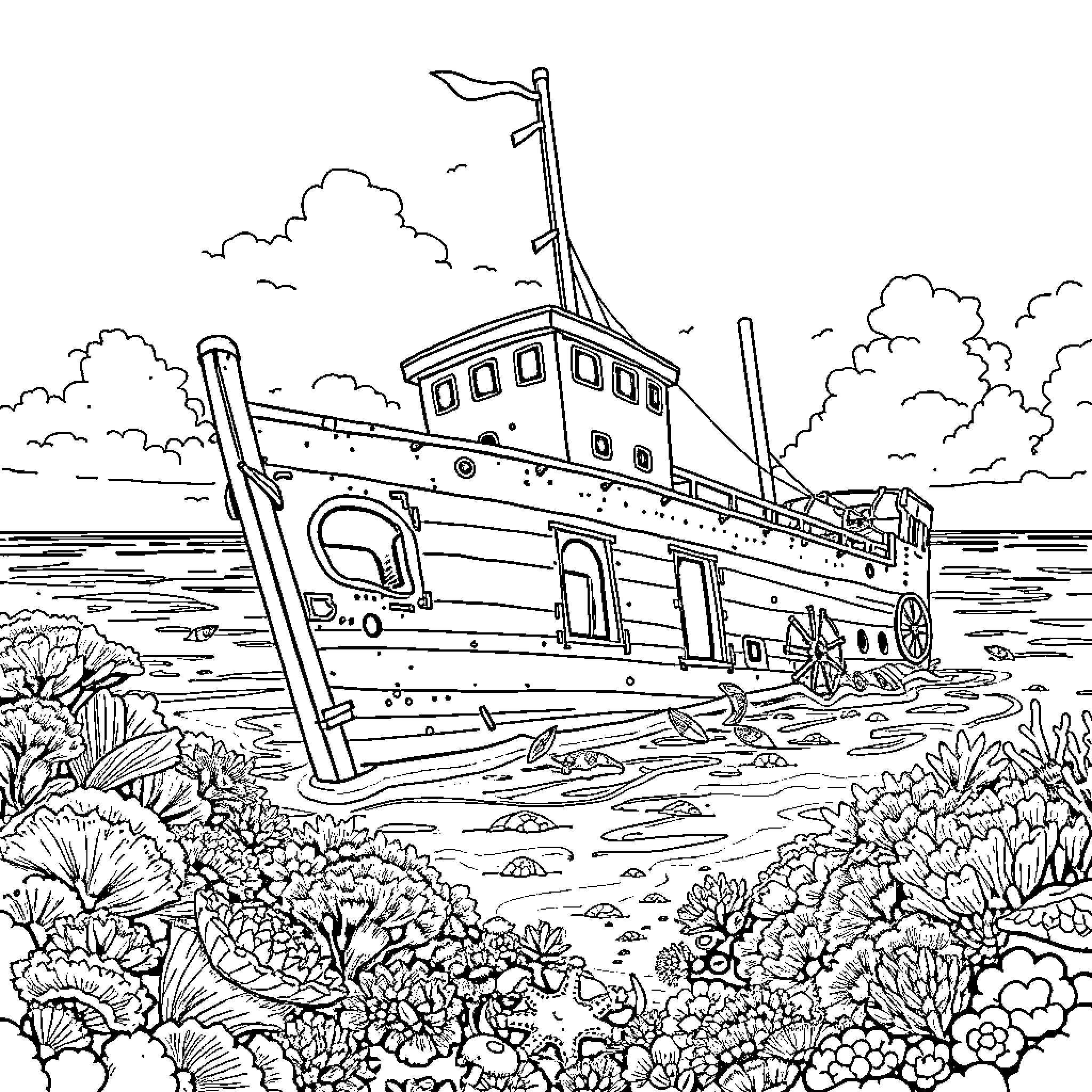 Wreck of an abandoned ship on a coastal shore Coloring Page (free black-and-white line drawing printable PDF for all, from beginners to advanced learners, including children, teens, adults, and seniors)
