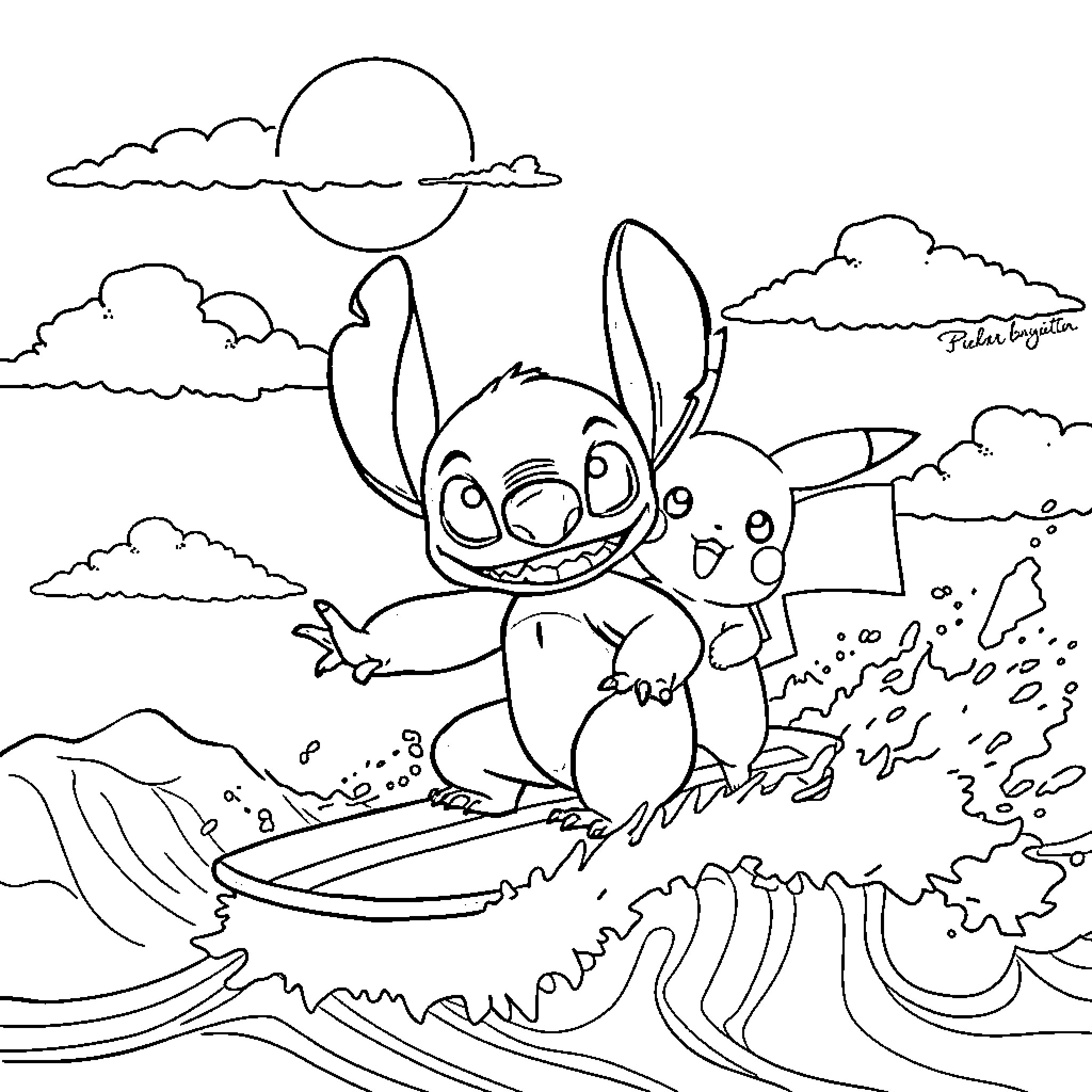 Stitch surfing the waves with Pikachu Coloring Page (free black-and-white line drawing printable PDF for all, from beginners to advanced learners, including children, teens, adults, and seniors)