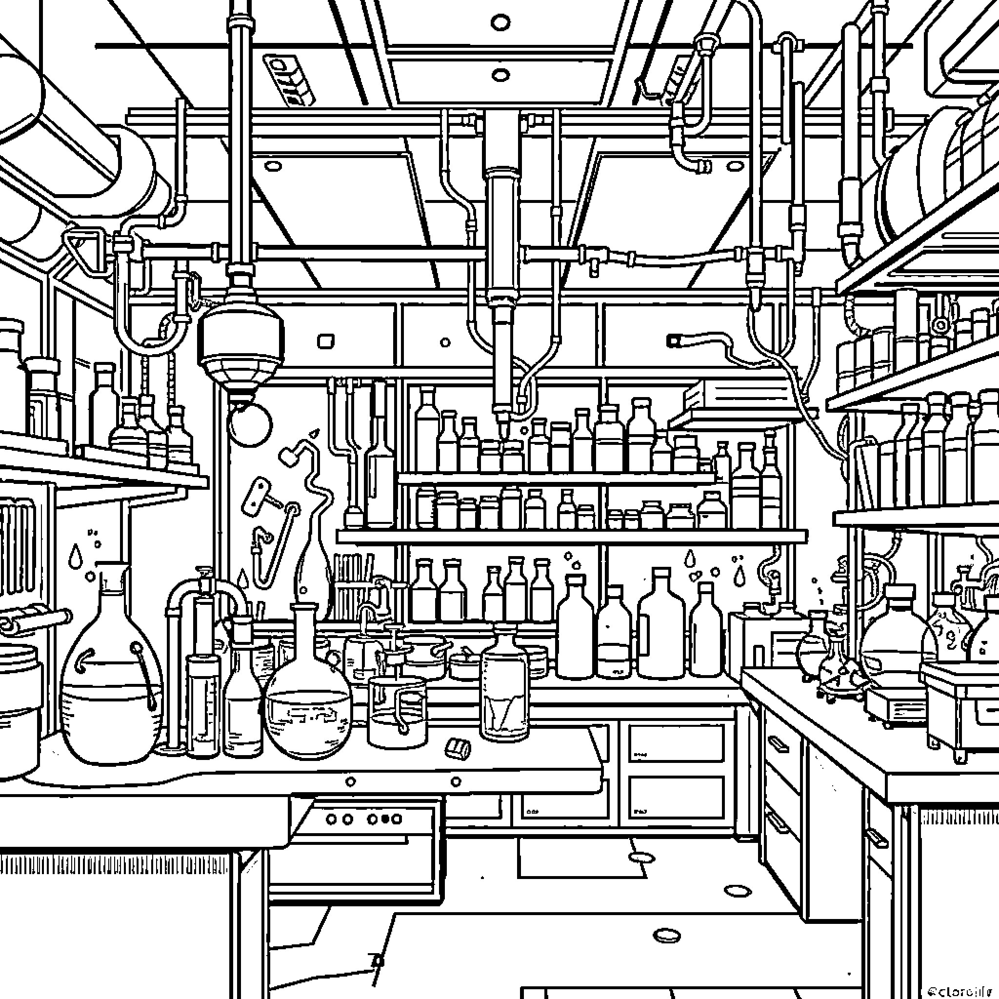 Scientist working in a complex laboratory Coloring Page (free black-and-white line drawing printable PDF for all, from beginners to advanced learners, including children, teens, adults, and seniors)