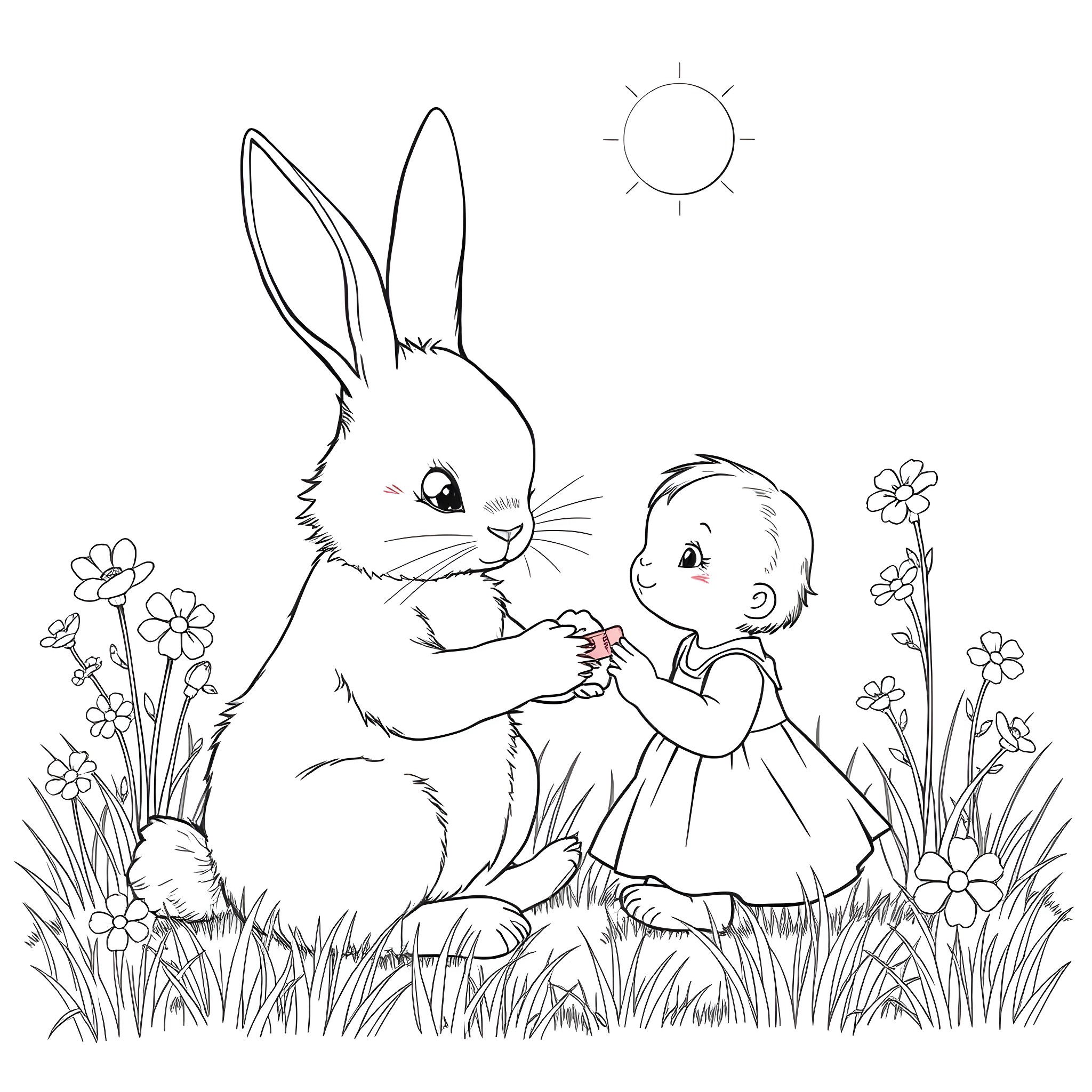Rabbit and child playing in the meadow Coloring Page (free black-and-white line drawing printable PDF for all, from beginners to advanced learners, including children, teens, adults, and seniors)