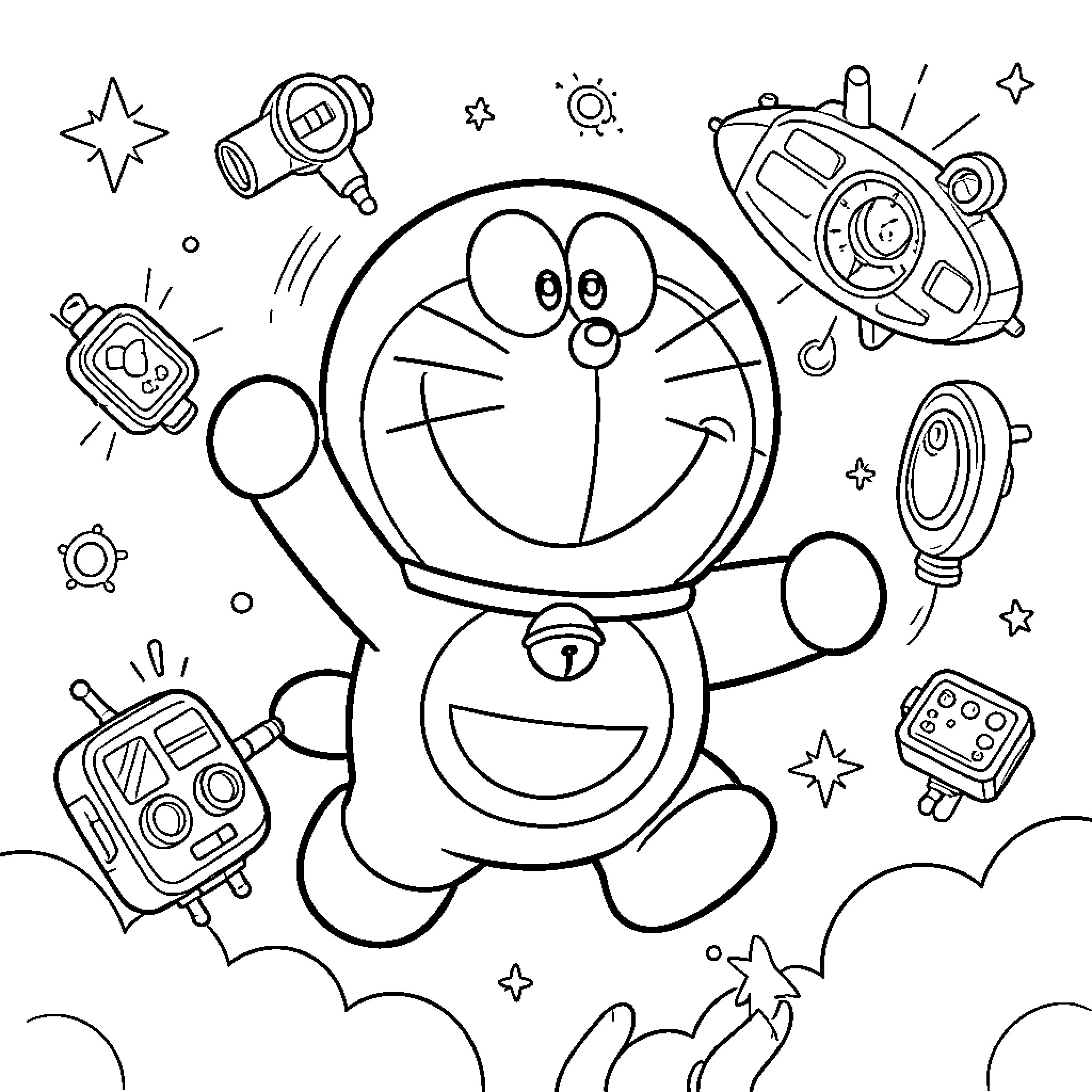 Doraemon surrounded by sci-fi gadgets and cosmic elements Coloring Page (free black-and-white line drawing printable PDF for all, from beginners to advanced learners, including children, teens, adults, and seniors)