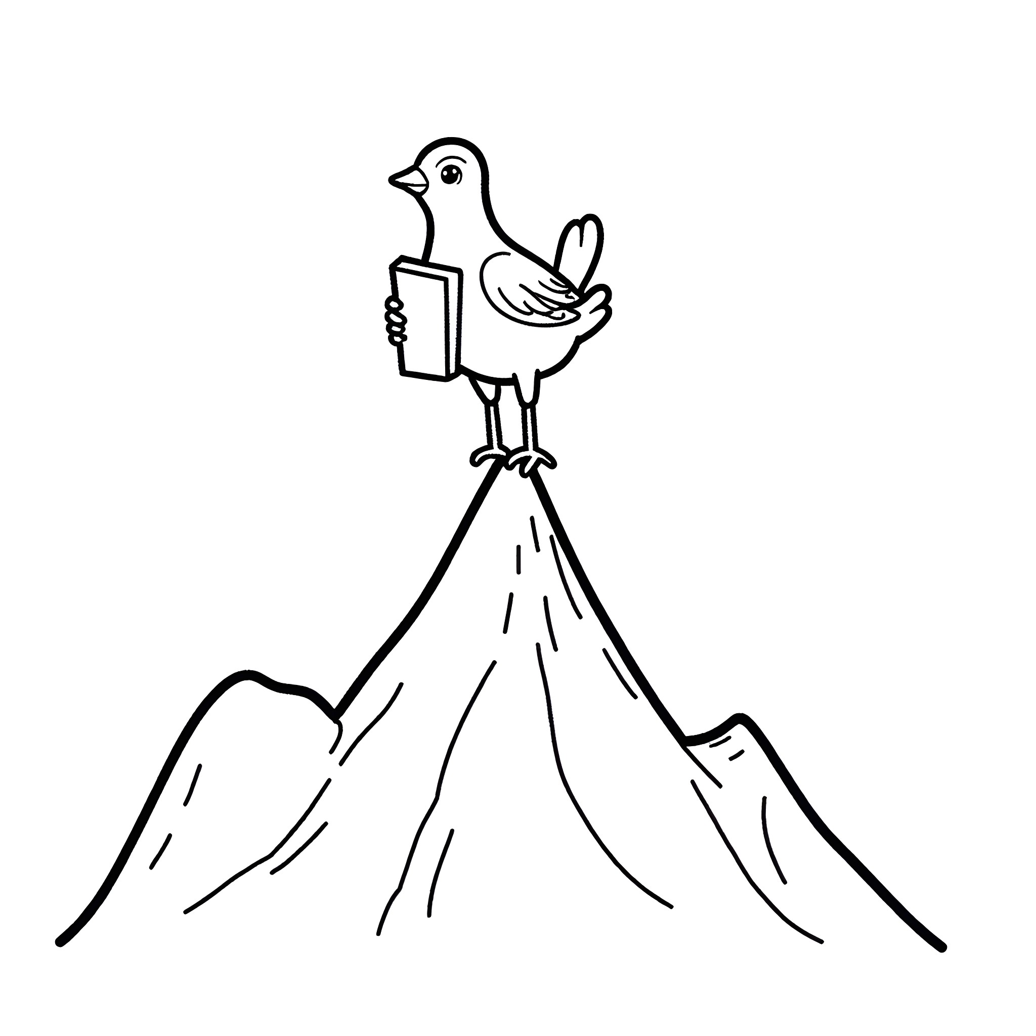 Bird atop a mountain holding a book Coloring Page (free black-and-white line drawing printable PDF for all, from beginners to advanced learners, including children, teens, adults, and seniors)