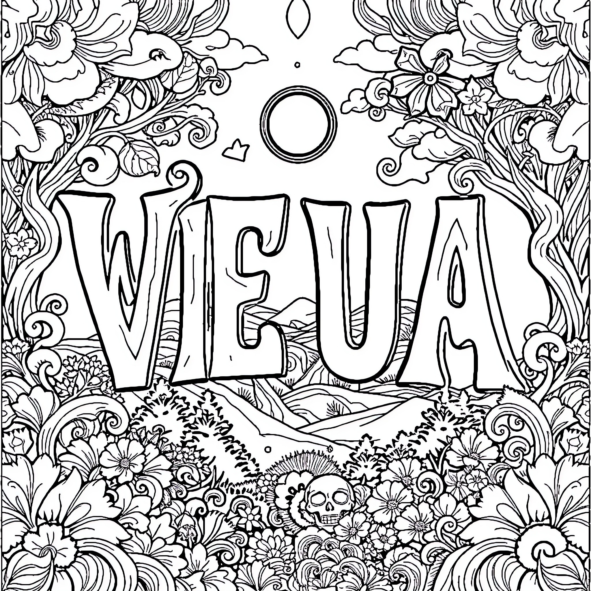 Ambigram of whimsical floral and skull motifs Coloring Page (free black-and-white line drawing printable PDF for all, from beginners to advanced learners, including children, teens, adults, and seniors)