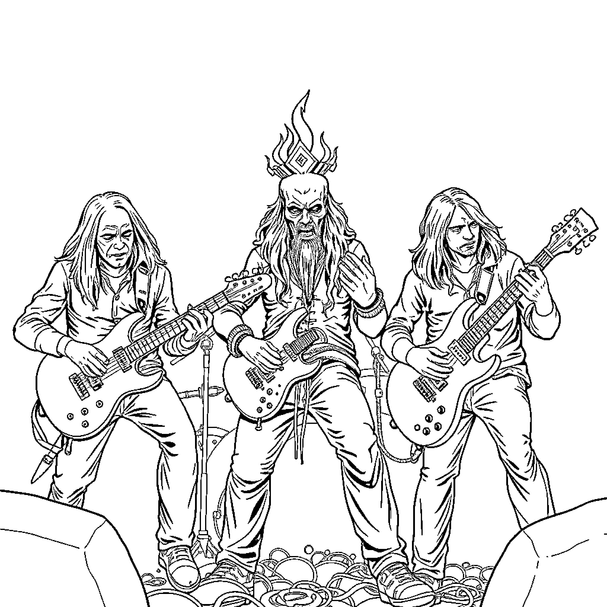 Umbilical Nod: Rockstar Trio Riffs on Stage Coloring Page (free black-and-white line drawing printable PDF for all, from beginners to advanced learners, including children, teens, adults, and seniors)