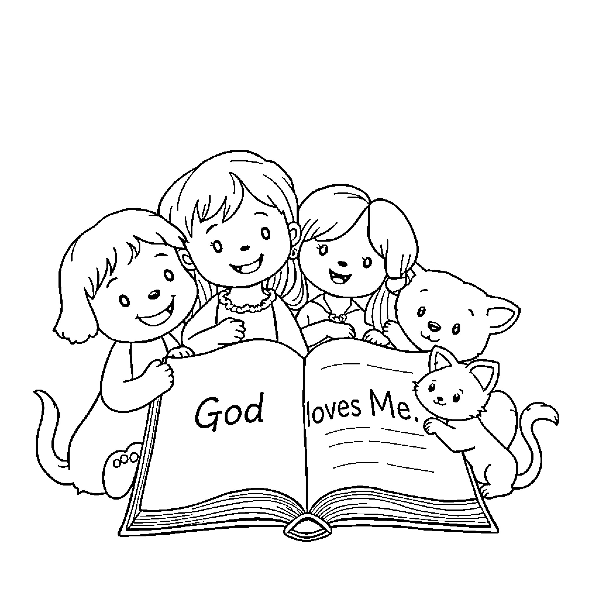 Bible Story Time with Children and Pets Coloring Page (free black-and-white line drawing printable PDF for all, from beginners to advanced learners, including children, teens, adults, and seniors)