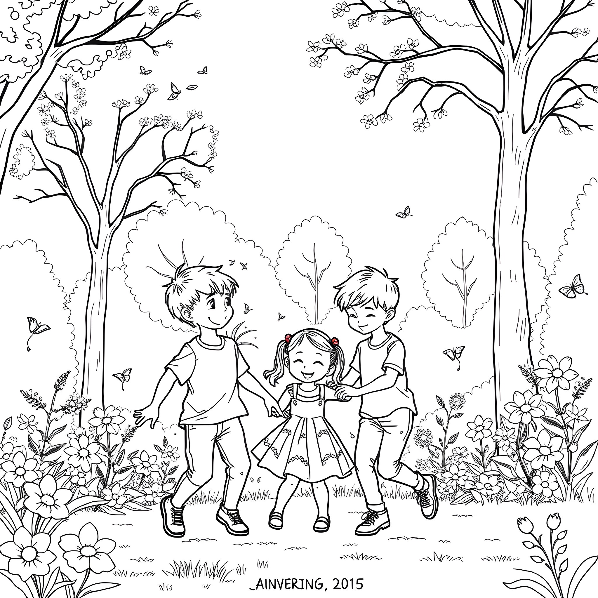 Child trio playing joyfully in nature Coloring Page (free black-and-white line drawing printable PDF for all, from beginners to advanced learners, including children, teens, adults, and seniors)