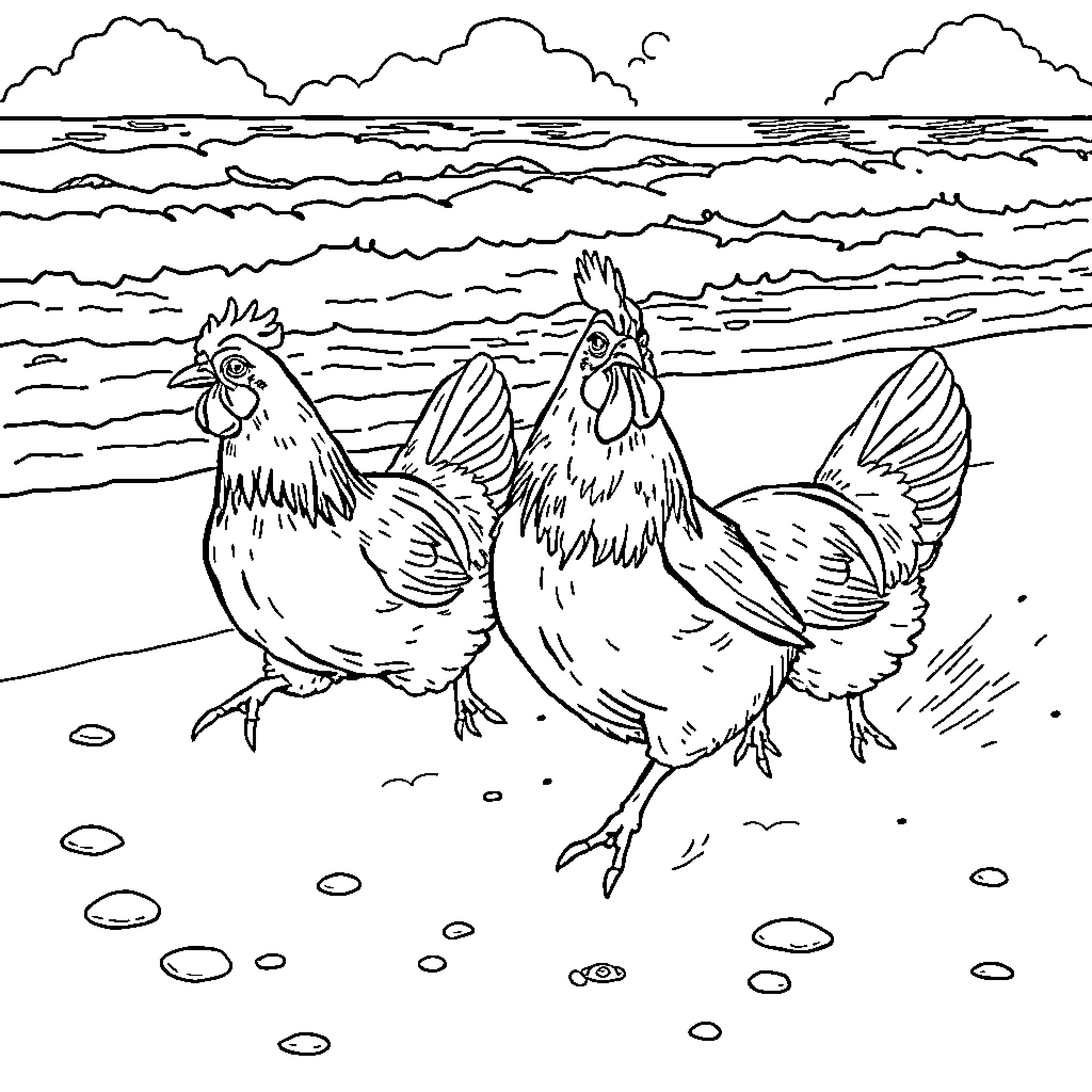 Chickens walking on the beach Coloring Page (free black-and-white line drawing printable PDF for all, from beginners to advanced learners, including children, teens, adults, and seniors)
