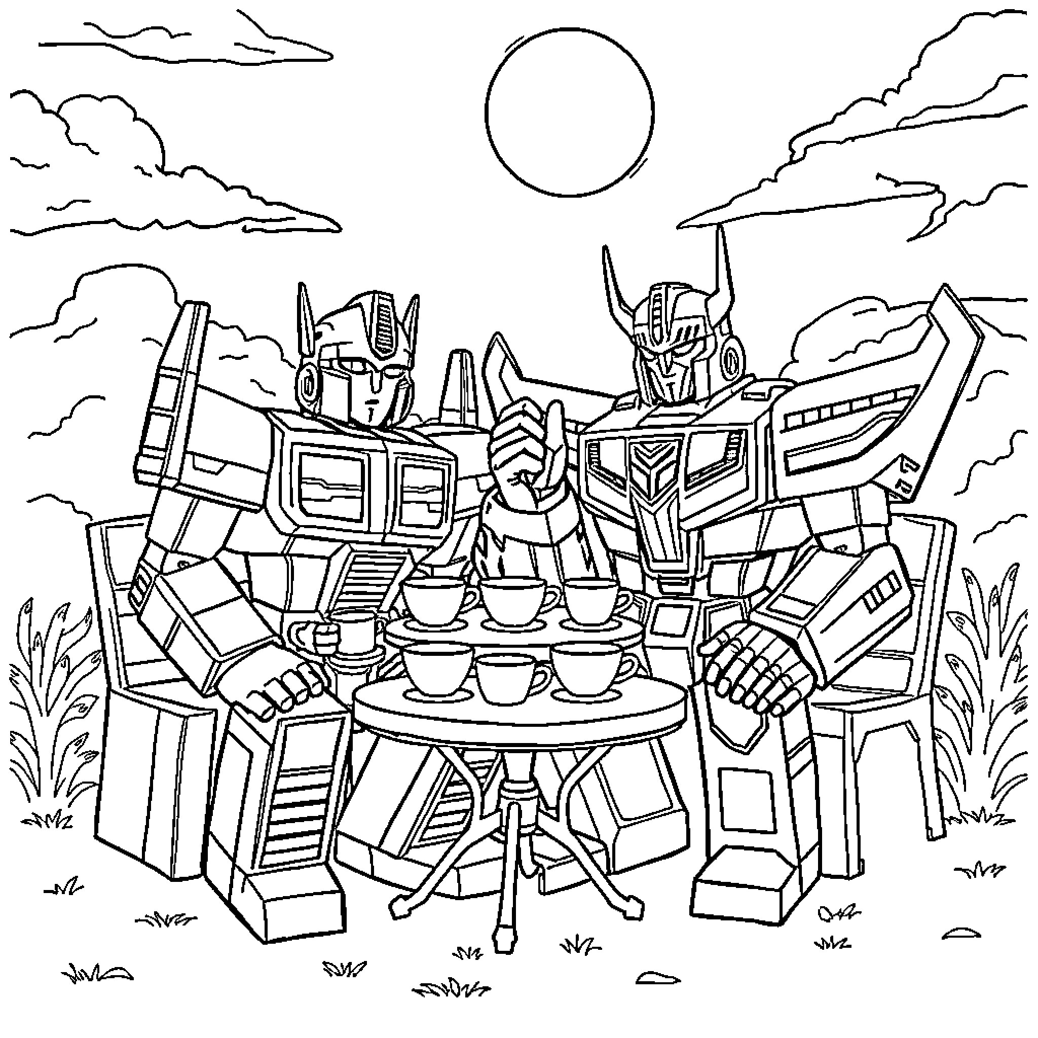 Optimus Prime enjoys a peaceful picnic in the countryside Coloring Page (free black-and-white line drawing printable PDF for all, from beginners to advanced learners, including children, teens, adults, and seniors)
