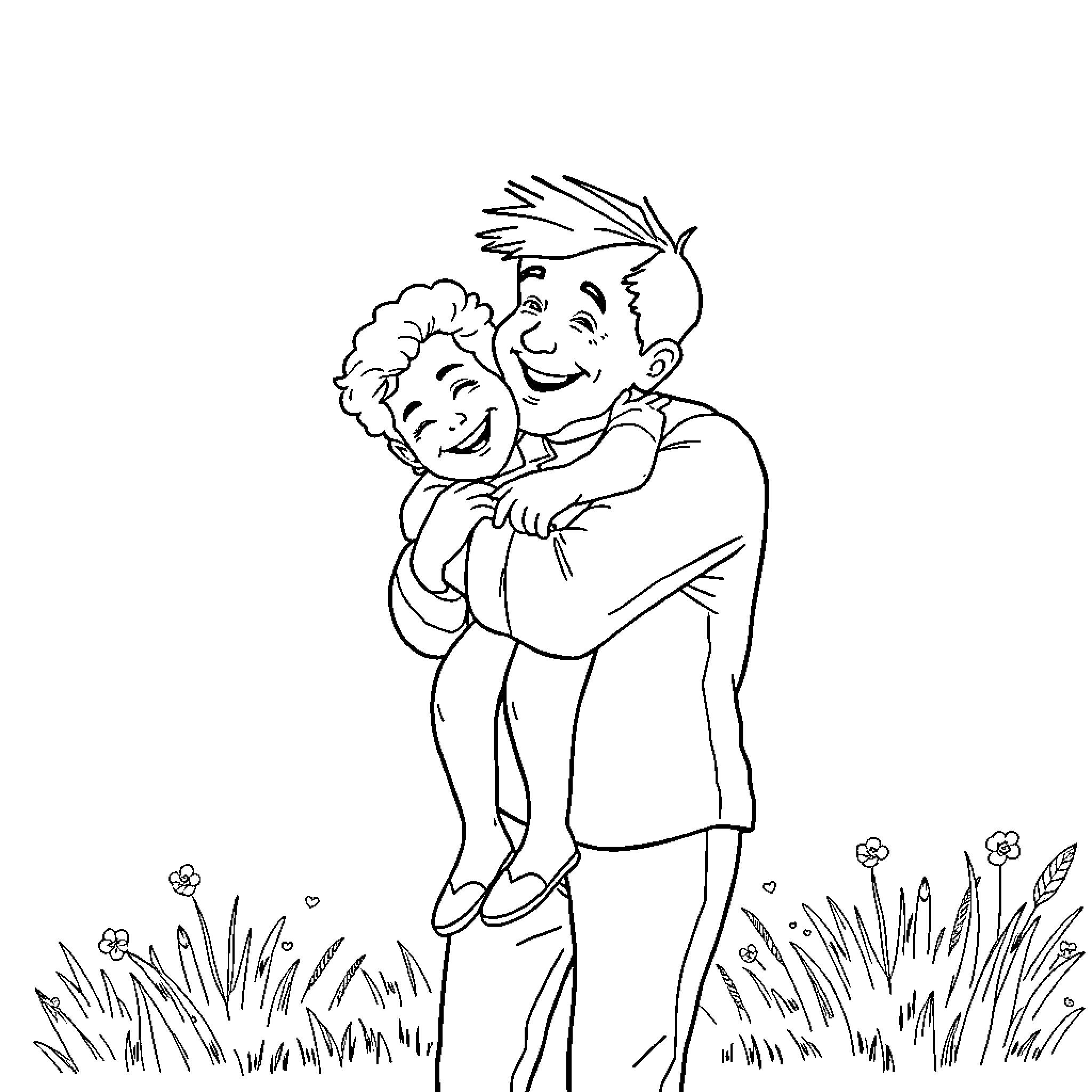Grandson shares a warm embrace with grandparent Coloring Page (free black-and-white line drawing printable PDF for all, from beginners to advanced learners, including children, teens, adults, and seniors)