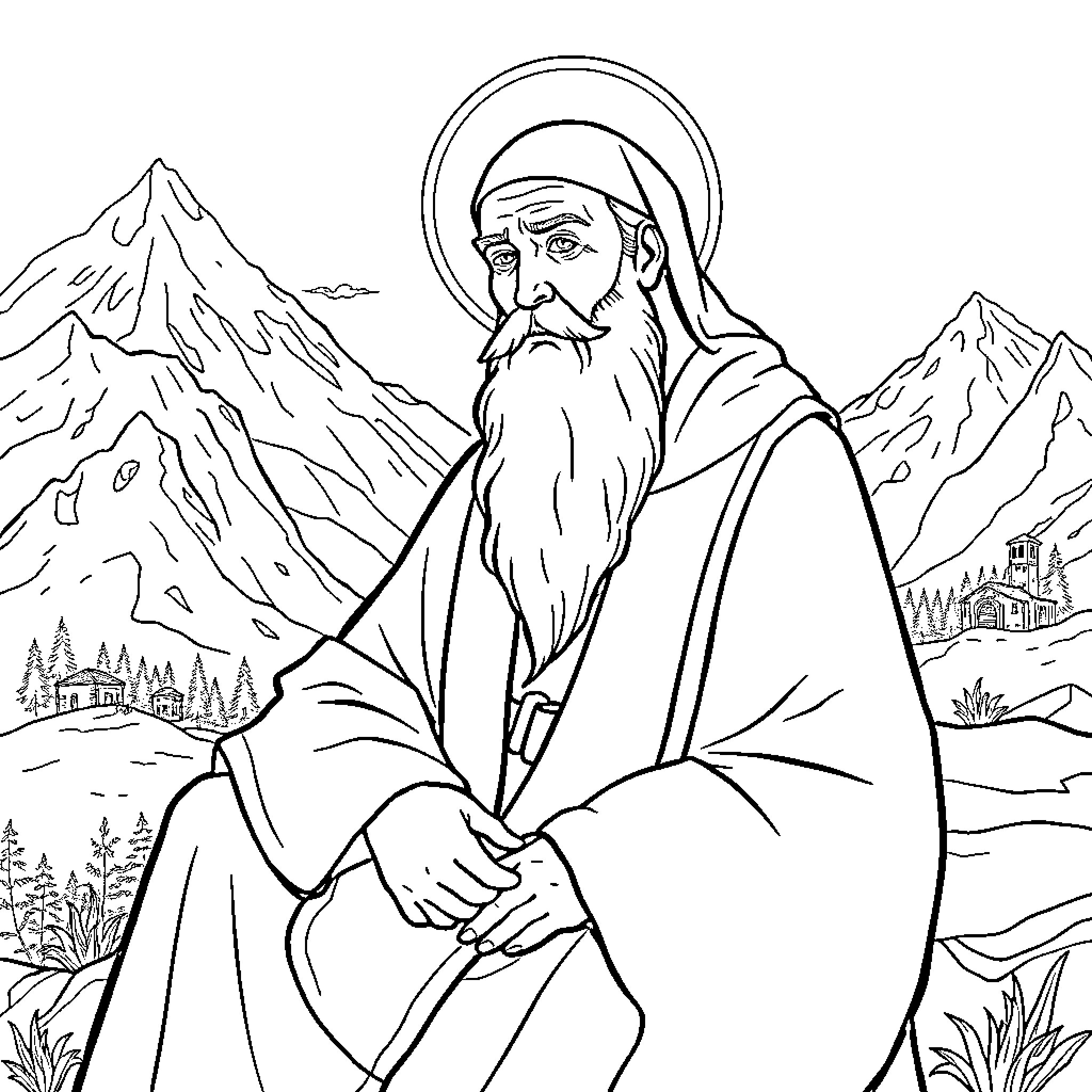 Saint Paisios in a prayerful contemplation amid the mountains Coloring Page (free black-and-white line drawing printable PDF for all, from beginners to advanced learners, including children, teens, adults, and seniors)