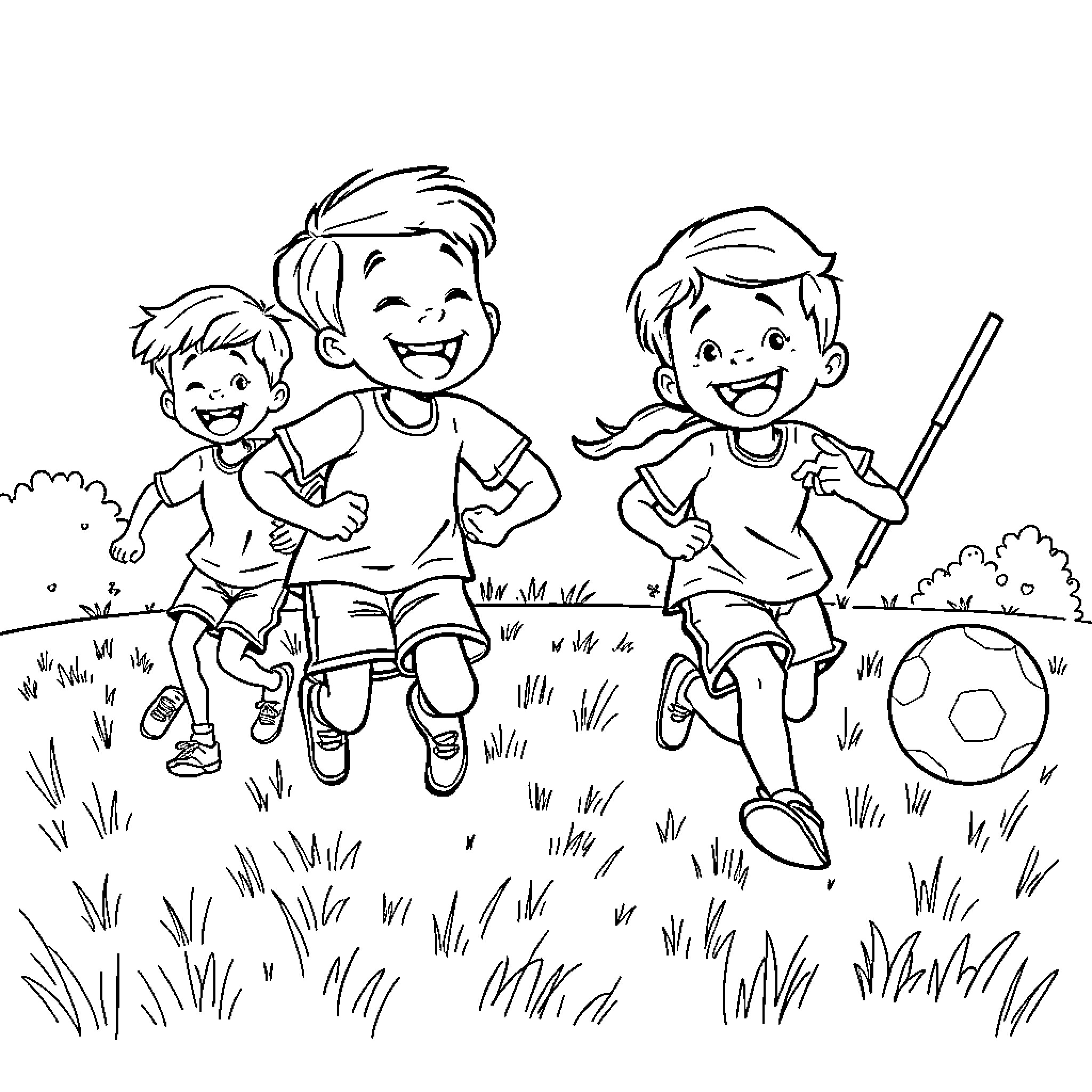 Kids Playing Joyfully in the Grass Coloring Page (free black-and-white line drawing printable PDF for all, from beginners to advanced learners, including children, teens, adults, and seniors)