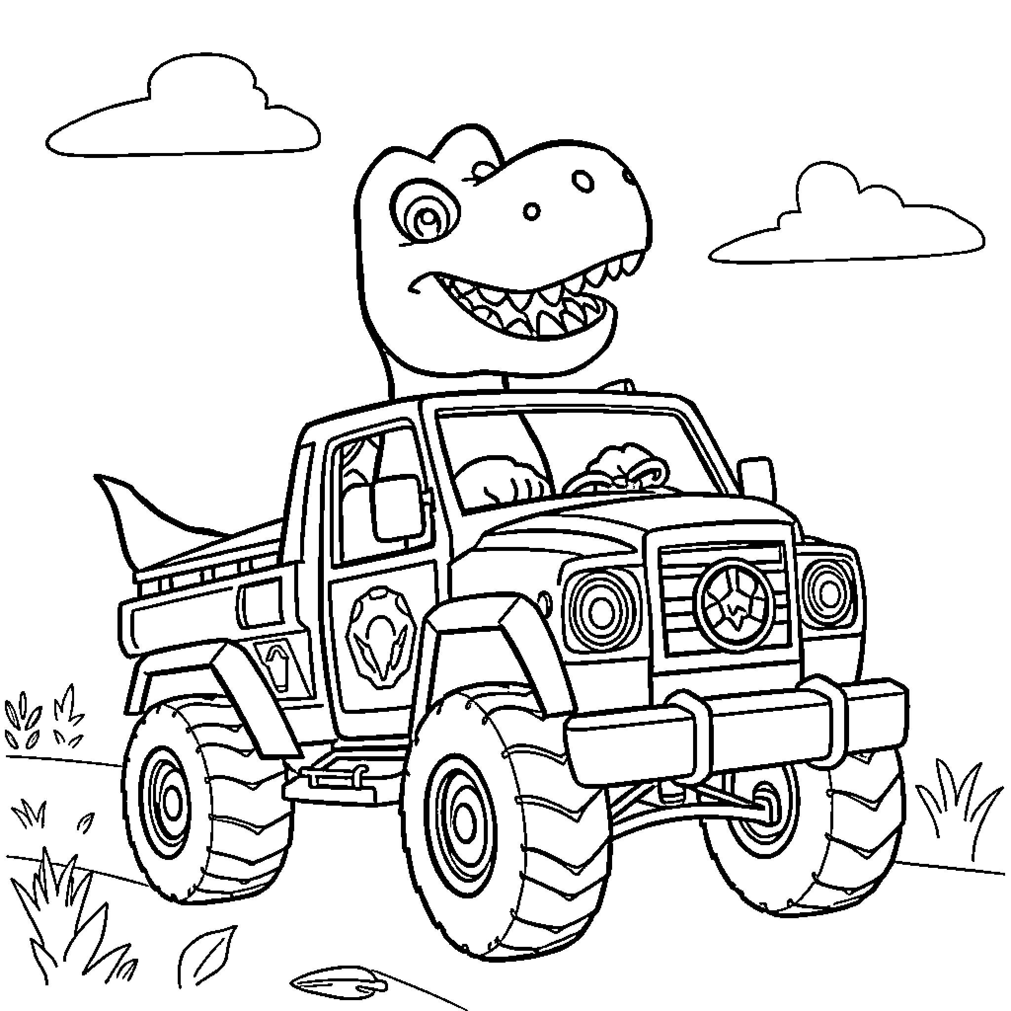 Dinosaur riding in a monster truck outdoors Coloring Page (free black-and-white line drawing printable PDF for all, from beginners to advanced learners, including children, teens, adults, and seniors)