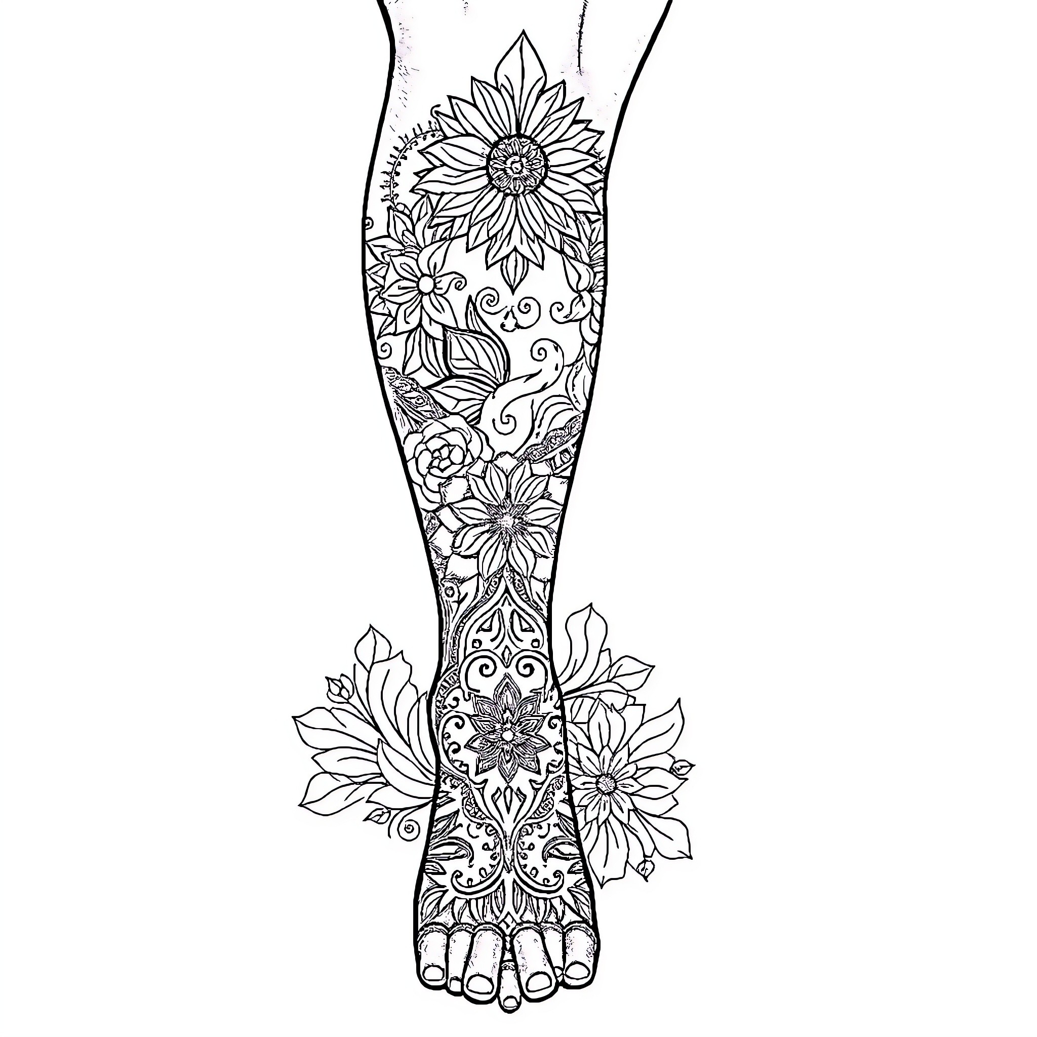Tattoo with intricate floral designs Coloring Page (free black-and-white line drawing printable PDF for all, from beginners to advanced learners, including children, teens, adults, and seniors)