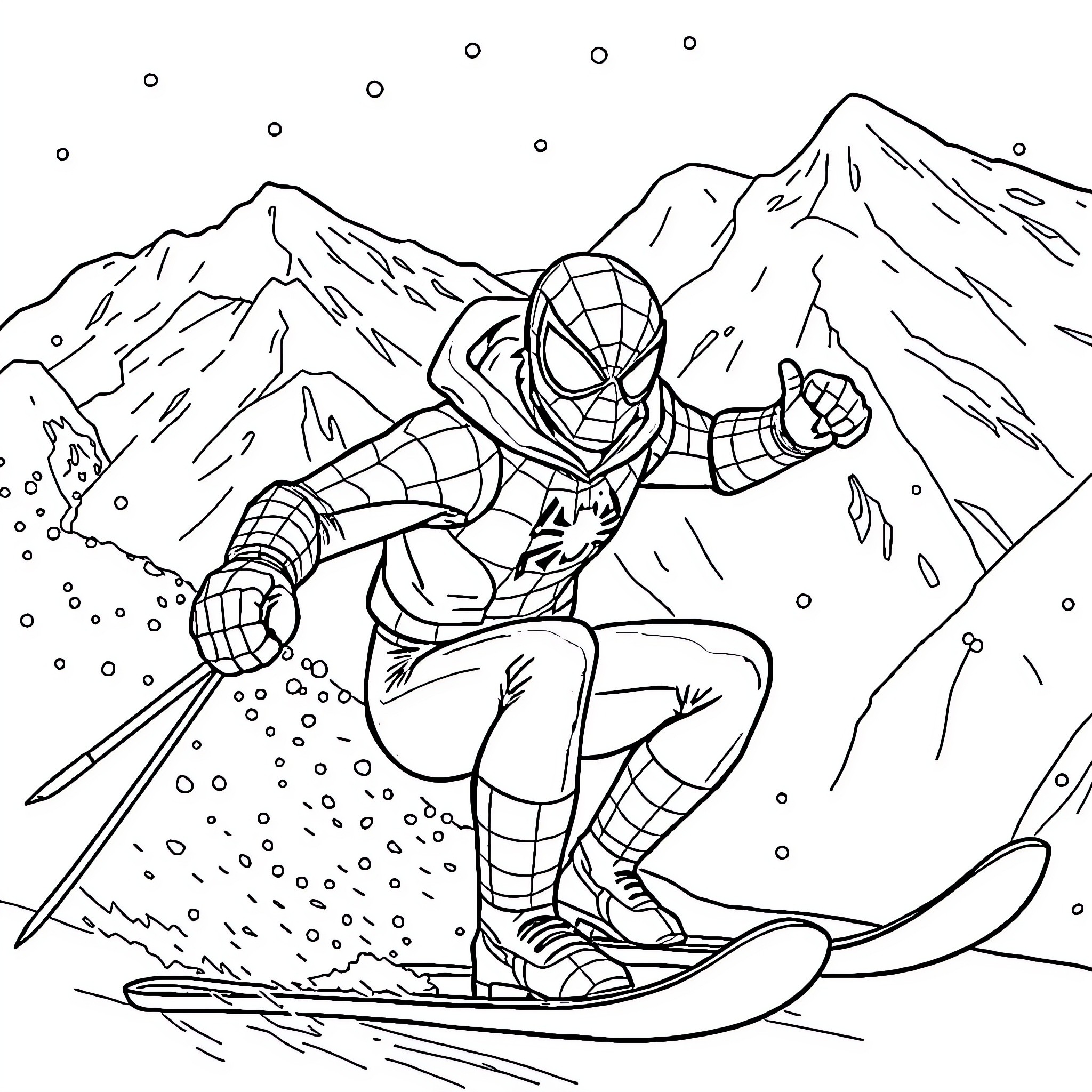 Spiderman skiing down snowy mountain slopes Coloring Page (free black-and-white line drawing printable PDF for all, from beginners to advanced learners, including children, teens, adults, and seniors)