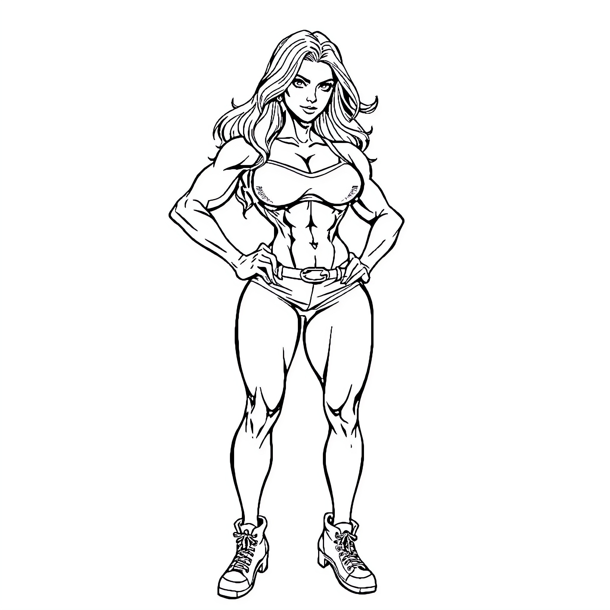 Woman in athletic attire striking a confident pose Coloring Page (free black-and-white line drawing printable PDF for all, from beginners to advanced learners, including children, teens, adults, and seniors)