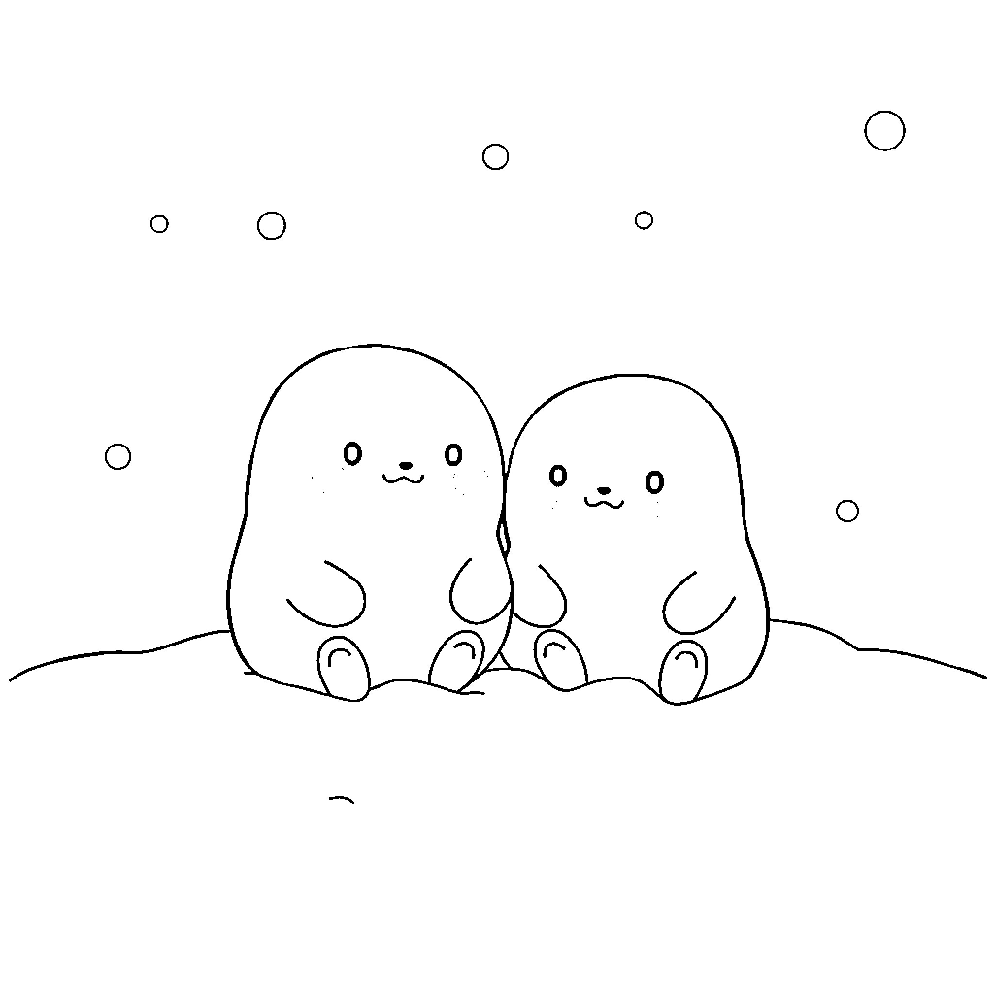 Squishmallows playing together in the snow Coloring Page (free black-and-white line drawing printable PDF for all, from beginners to advanced learners, including children, teens, adults, and seniors)