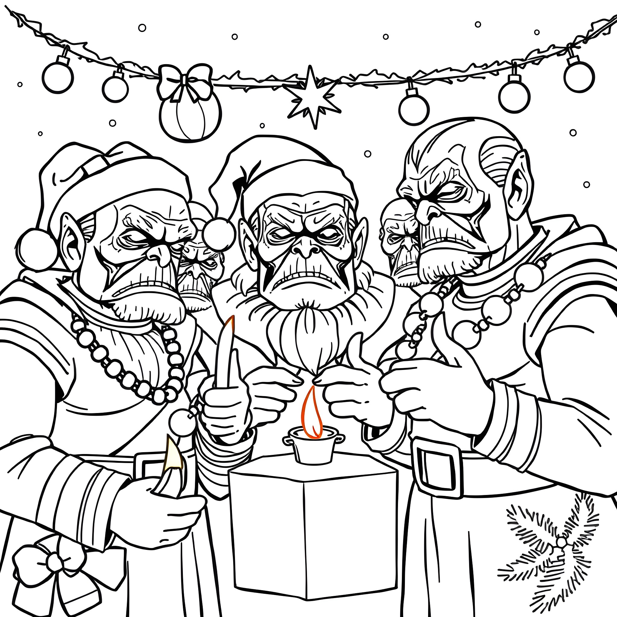 Klingon warriors celebrating the festive season Coloring Page (free black-and-white line drawing printable PDF for all, from beginners to advanced learners, including children, teens, adults, and seniors)