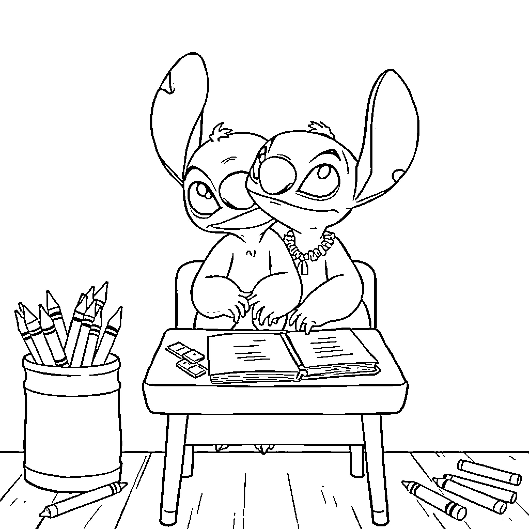 Lilo studying diligently at her desk Coloring Page (free black-and-white line drawing printable PDF for all, from beginners to advanced learners, including children, teens, adults, and seniors)