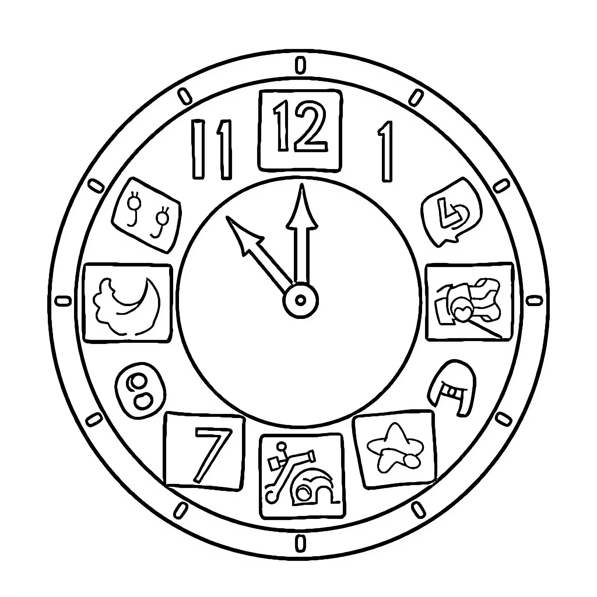 Clock with various icons and symbols Coloring Page (free black-and-white line drawing printable PDF for all, from beginners to advanced learners, including children, teens, adults, and seniors)