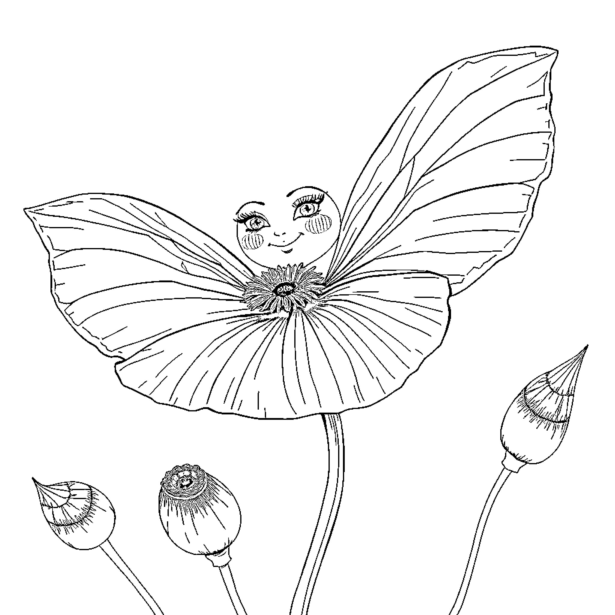 Poppy fairy with whimsical wings and flowers Coloring Page (free black-and-white line drawing printable PDF for all, from beginners to advanced learners, including children, teens, adults, and seniors)