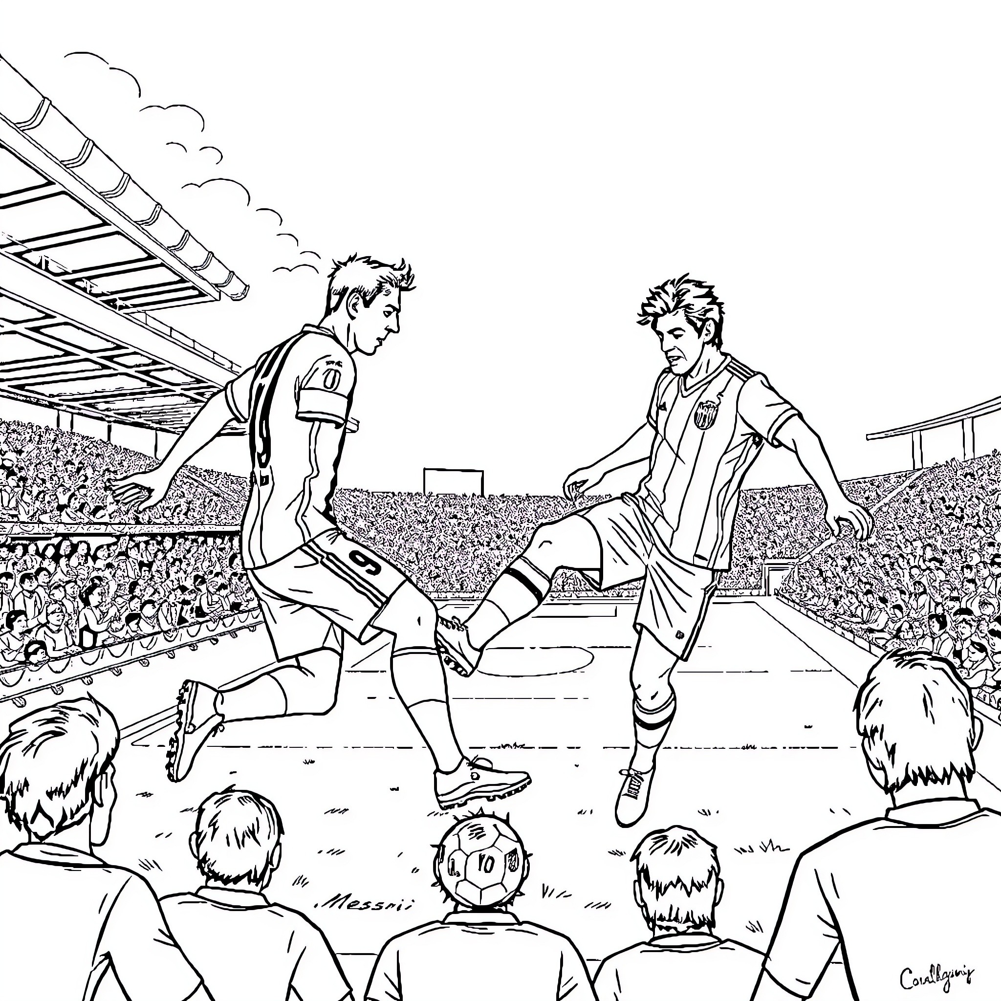 Football players on the field in heated competition Coloring Page (free black-and-white line drawing printable PDF for all, from beginners to advanced learners, including children, teens, adults, and seniors)